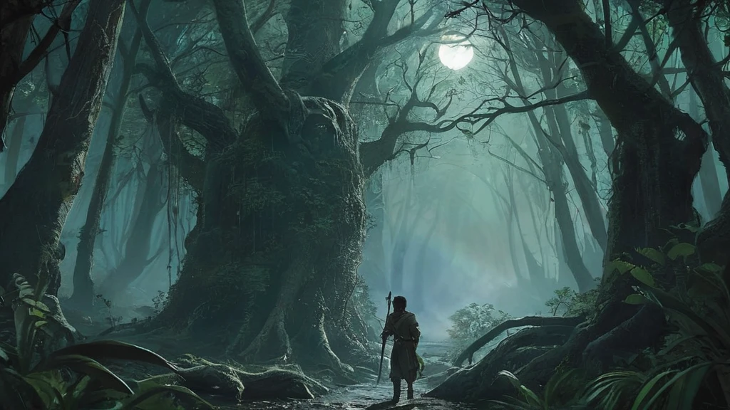 In a dark medieval forest, a young boy named Elias walks cautiously along a narrow, overgrown path, gripping a sword tightly in his small hands. The ancient trees loom overhead, their gnarled branches creating a nearly impenetrable canopy that lets through only the faintest glimmers of moonlight. Shadows shift and stretch across the forest floor, and the air is thick with the musty scent of damp leaves and decay. Every step Elias takes is accompanied by the distant sound of dripping water and the occasional rustle of unseen creatures. His heart races with a mix of fear and determination as he ventures deeper into the darkness, ready to confront whatever secrets or dangers lie hidden within the forest’s ancient depths.
