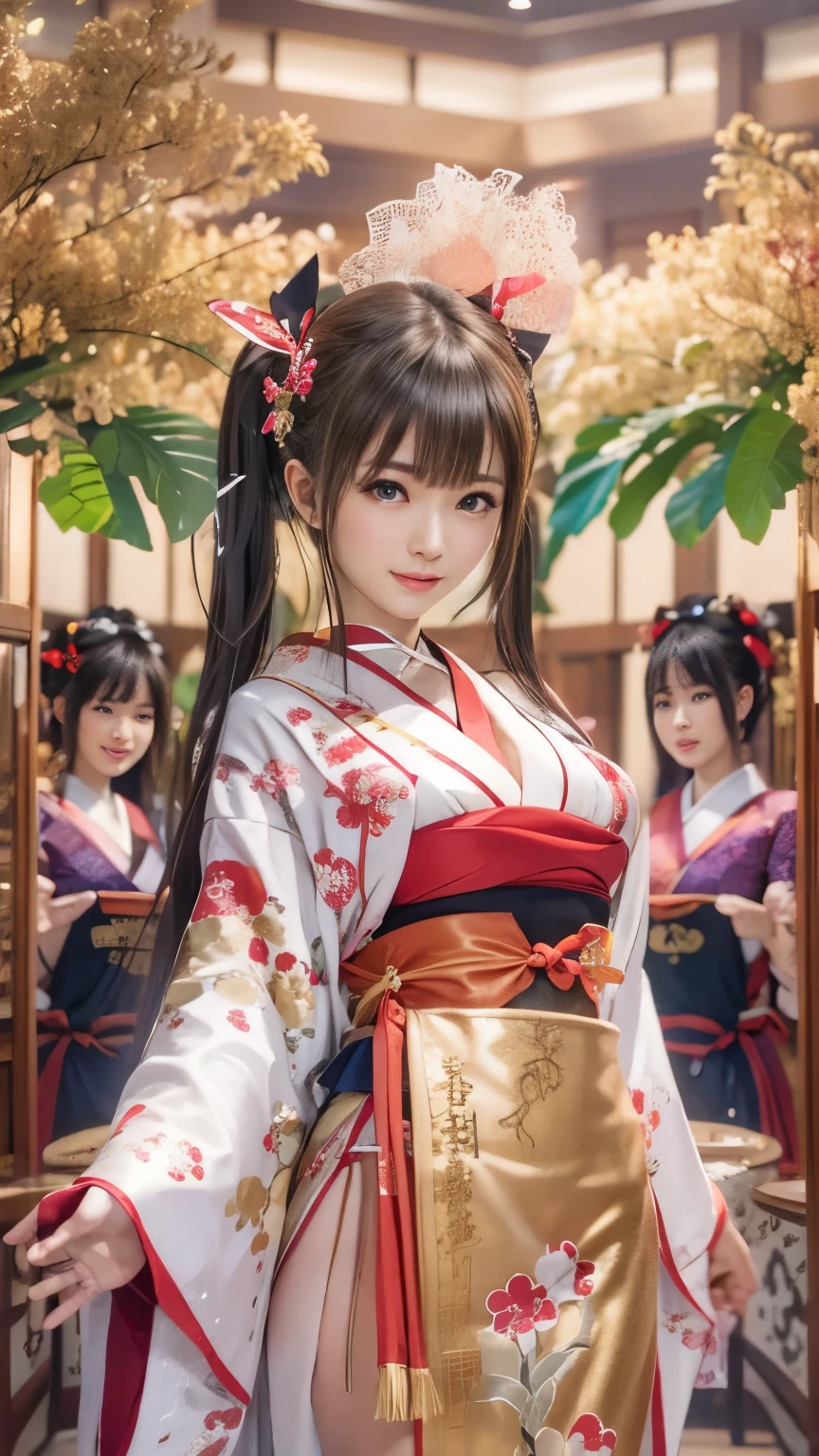 (???? Japanese traditional dress), (banquet hall,, traditional Japanese party room:1.5), The background is a gold folding screen, doaxvv_Marie Rose, One girl, Maiko, slim body, huge bouncing busts, Black choker, Japanese traditional fan in hand, Dance with your arms wide open, 超High resolution, retina, masterpiece, Accurate, Anatomically correct, Textured skin, Super Detail, Attention to detail, high quality, 最high quality, High resolution, 4K
