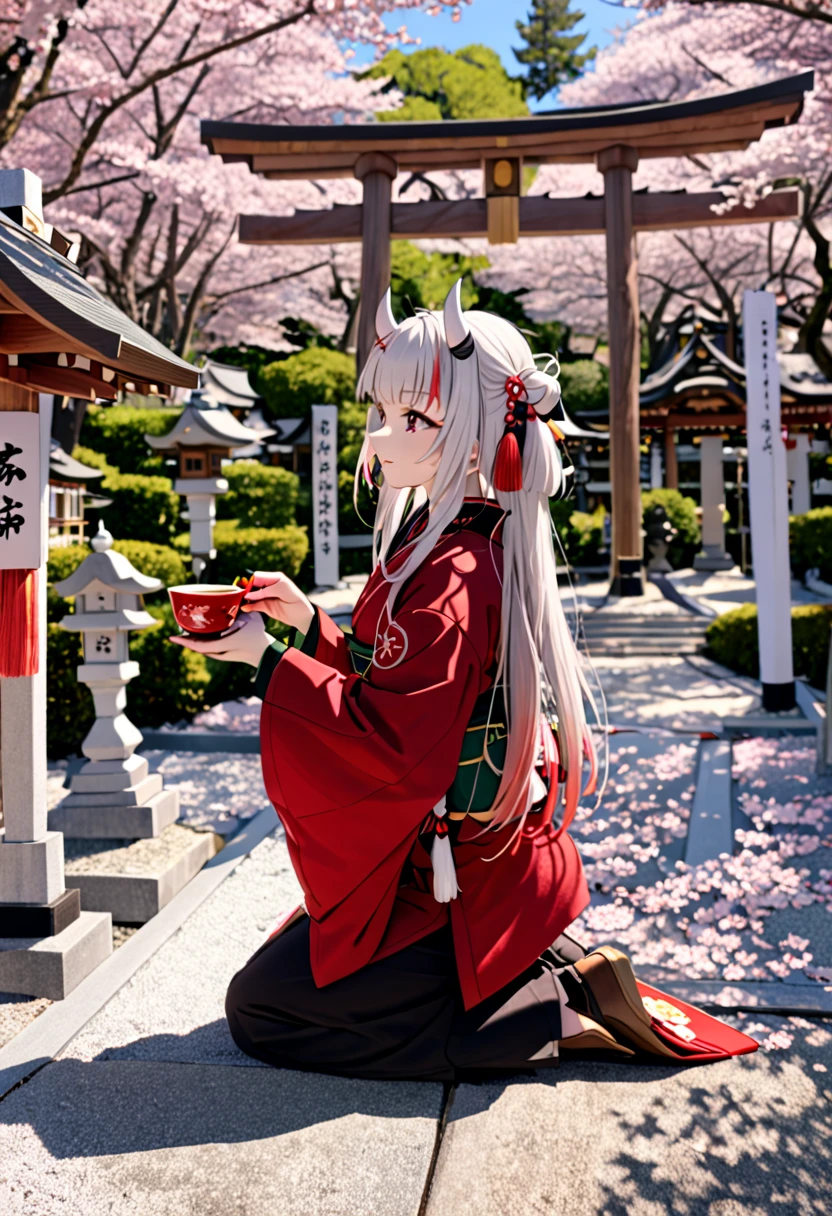 8K Ultra High-Quality, ultra-detailed, High quality, Nakiri Ayame, white horns, holding a cup, japanese tea, kneeling, sakura trees, shrine background, close up