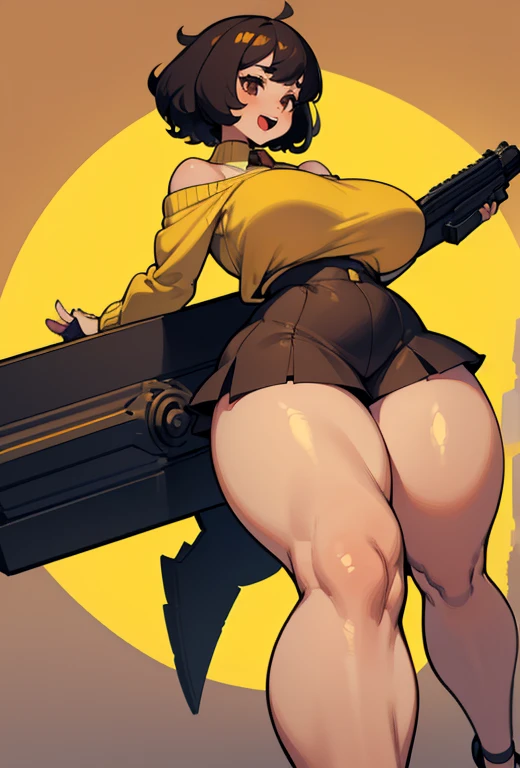 Young girl, Pullover, yellow school skirt, short skirt ,whole body to see, open mouth, smile , scream, curly short hair , (( very wide hips)), (((colossal Thighs, gigantic thighs, very huge thighs, very big thighs))), fullbody, platform heels, tanned , brown skin, small breast, gun , black hair, leg garter, topless, nude,