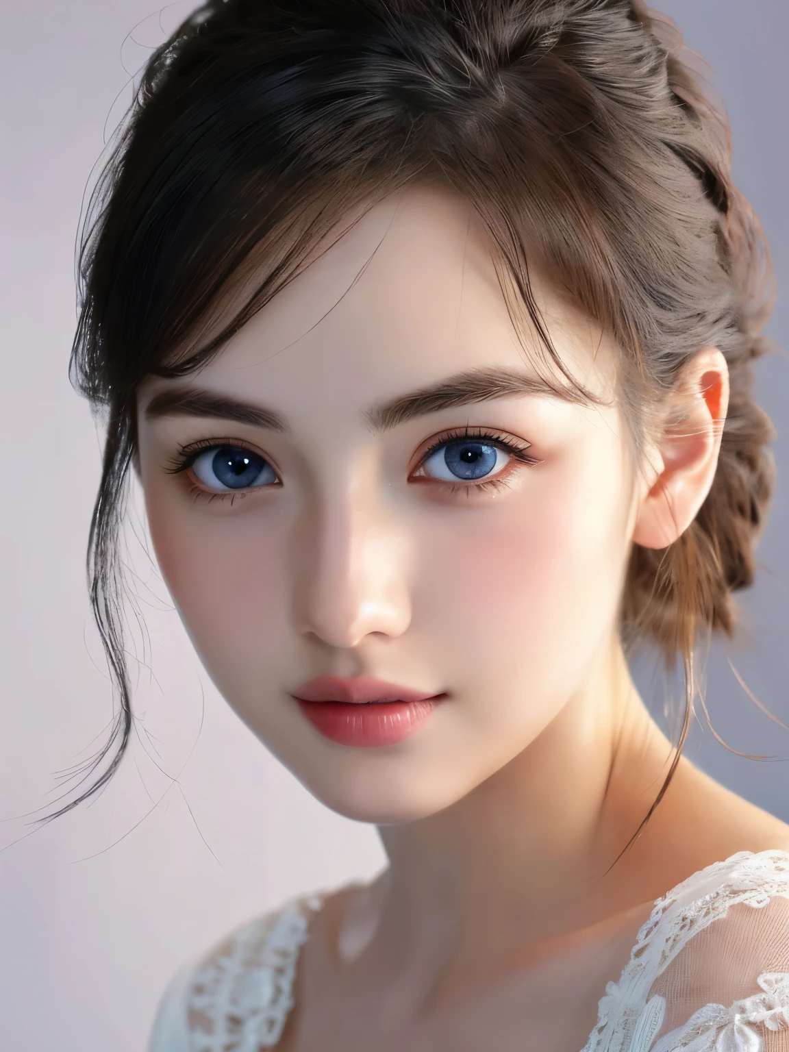 (((32k,high details,high detail、masterpiece,attention to detail,alone))),Raw photo & realistic atmosphere,beautiful dark blue eyes,detailed mouth,glossy lips,thin eyebrows,fine eyes、Soft white skin that shines in every detail、Her deep black eyes are very beautiful,lip details、very beautiful face,very well-shaped face、lifelike face,shining beautiful lips,beautiful eyebrows,infinite reality, Realistic Young idol sculpture,she'she'she'she'she'she'she's a very cute woman , idol sculpture, Young idol sculpture, Very beautiful and cute 22 year old beauty,incredibly beautiful and classy,22 year old beauty,natural soft light,(shiny hair,,Beautiful and kind eyes:1.5),gentle smile,well-shaped chest,medium long hair,tie hair,beautiful posture,no makeup,think ahead,A little camera gaze,whole body,Ocean,
