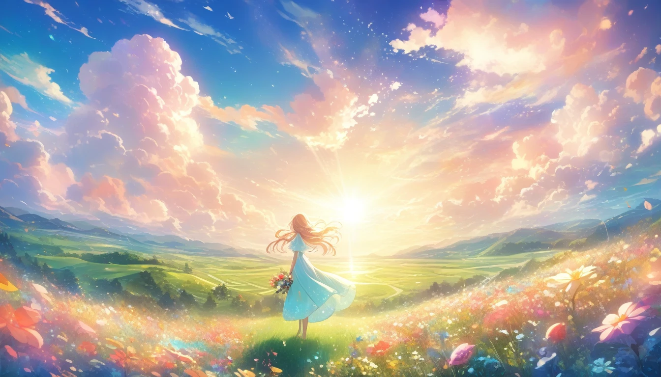 A stunning wide view image of an anime Young woman looking at the vast plain, countless of grass and colorful flowers, dreamlike sky, fluffy clouds, vibrant sunset colors, gentle breeze blowing through her hair, from behind , elegant flowing dress, surrounded by a peaceful and enchanting atmosphere, soft natural light illuminating the scene, creating a magical and surreal ambiance. (best quality, ultra-detailed, photorealistic:1.37), anime style, pastel color palette, ethereal lighting