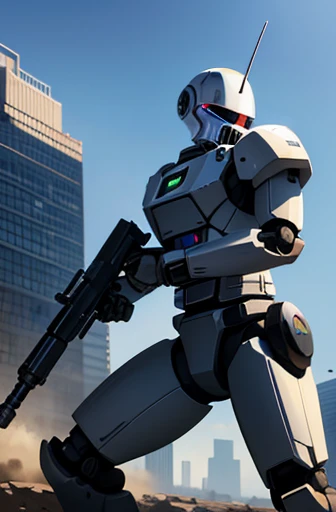 swat,battle field,holding_weapon,masterpiece,best quality,super fine illustration,robot,meca,droid,giant,super detailed,dynamic angle,8k,building,detailed background,