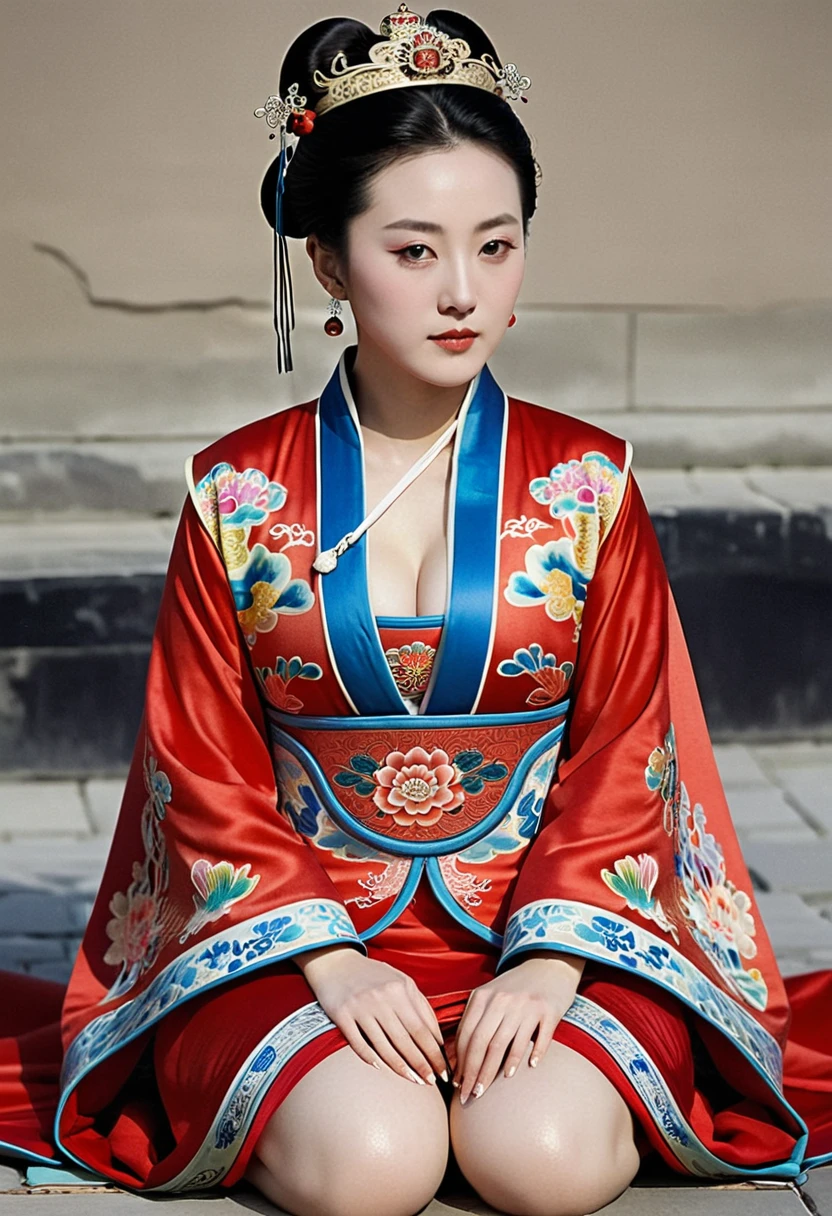 A woman seen from the front, sitting on the ground facing forward with her legs apart. Empress of the Qing Dynasty, Chinese imperial court. The Chinese empress is wearing a crown and a red Manchu dress with a floral pattern, open at the front, exposing her chest, lower abdomen, thighs and feet.。She is wearing no underwear, and her large breasts are exposed, right down to her bare stomach. Her hair is tied up and pulled up, and the background is the stone pavement of the Chinese palace of the Qing Dynasty.