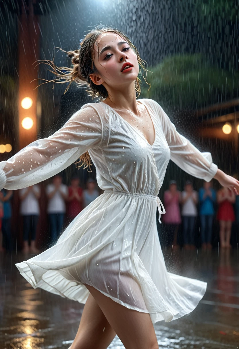 A dancer dancing on a stage in the rain, beautiful detailed eyes, beautiful detailed lips, extremely detailed eyes and face, long eyelashes, making turns, (dynamic dance action with motion blur effect:1.9), white dress, wet clothing, rain effects, cinematic lighting, moody atmosphere, vibrant colors, 8k, ultra-detailed, photorealistic, masterpiece, digital painting, anatomically accurate body structure: 1.5