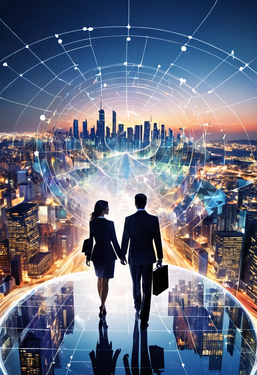 (Create a double exposure image that combines two distinct scenes:1) A Caucasian man and a woman, both dressed in business attire, standing side by side and looking away from the camera towards a vivid cityscape. Their backs are turned towards us, symbolizing their focus on the future of their business.2) A vivid display of business charts, graphs, statistics and symbols of innovation intertwined with the cityscape. Make the business elements appear transparent and seamlessly blend with the cityscape to evoke the concept of their thoughts, strategies, and aspirations being intertwined with the city they're planning to conquer.