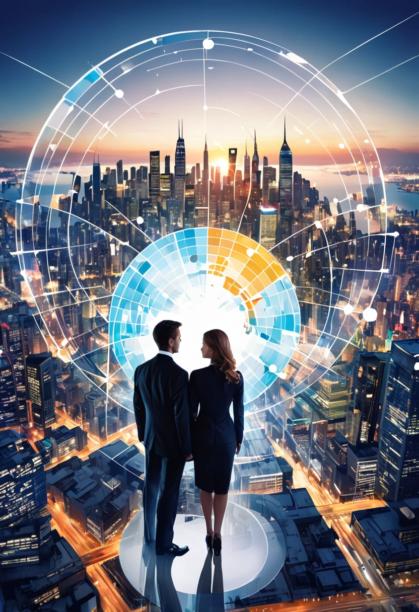 (Create a double exposure image that combines two distinct scenes:1) A Caucasian man and a woman, both dressed in business attire, standing side by side and looking away from the camera towards a vivid cityscape. Their backs are turned towards us, symbolizing their focus on the future of their business.2) A vivid display of business charts, graphs, statistics and symbols of innovation intertwined with the cityscape. Make the business elements appear transparent and seamlessly blend with the cityscape to evoke the concept of their thoughts, strategies, and aspirations being intertwined with the city they're planning to conquer.