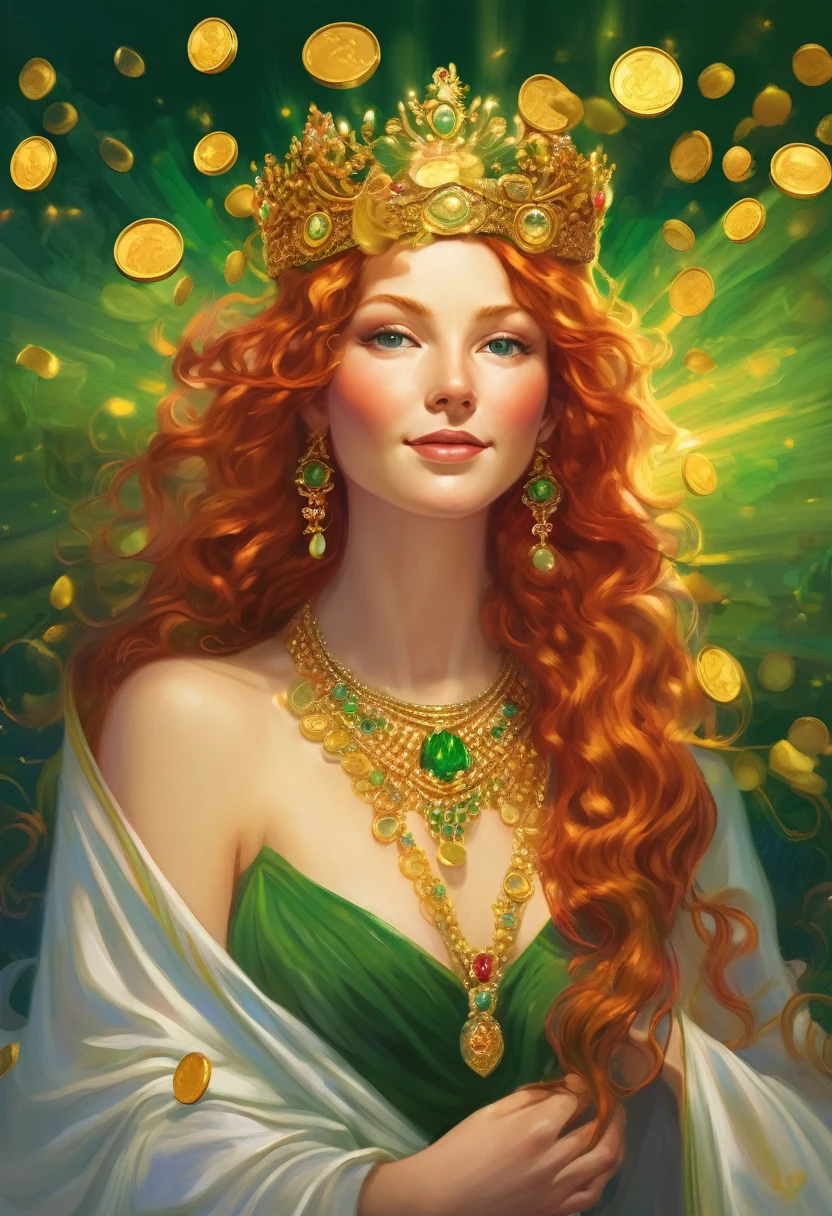 Like a Renoir painting. A goddess with long red wavy hair. She smiles with wisdom in her eyes. She wears a crown of jewels and a deep green robe. Her aura shines golden and has an overwhelming presence. A symbol of beauty. Abundance surrounded by gold coins. I handed out gold coins to people and they were happy. The background is white and gold with soft and gentle light. rainbow light