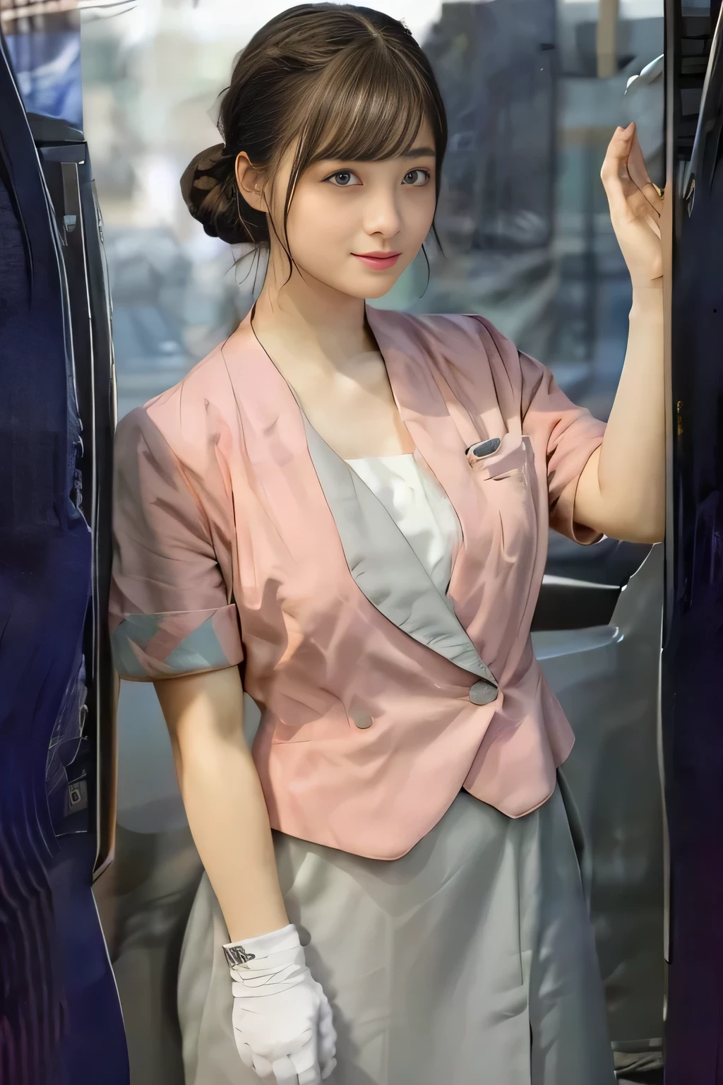 (masterpiece:1.2, Highest quality:1.2), 32k HDR, High resolution, (alone、1 girl)、（On the roof of a building in the daytime、Professional Lighting）、Building rooftop background、（Nankai train crew uniform pinkを着たリアルスタイル）、（Nankai Railway crew uniform, pink, short sleeve, collarless, pink jacket、No-collar short-sleeve blouse、Grey knee-length culottes）、（（The bottom of the pink short-sleeved jacket cannot be tucked into the clay-colored culottes..））、Dark brown hair、（Hair tied up、Bun Hair）、Dark brown hair、Long Shot、Big Breasts、Thin legs、（（Great hands：2.0）），（（Harmonious body proportions：1.5）），（（Normal limbs：2.0）），（（Normal finger：2.0）），（（Delicate eyes：2.0）），（（Normal eyes：2.0））)、smile、（A beautiful figure showing off the Nankai Railway crew uniform）、Bring your hands down