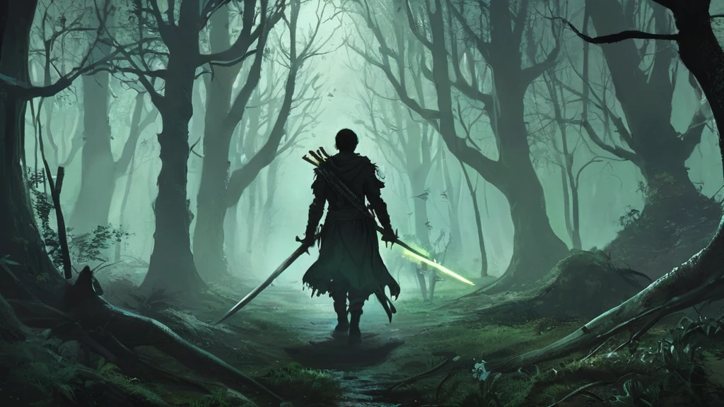 In a dark medieval forest, a young boy named Elias walks cautiously along a narrow, overgrown path, gripping a sword tightly in his small hands. The ancient trees loom overhead, their gnarled branches creating a nearly impenetrable canopy that lets through only the faintest glimmers of moonlight. Shadows shift and stretch across the forest floor, and the air is thick with the musty scent of damp leaves and decay. Every step Elias takes is accompanied by the distant sound of dripping water and the occasional rustle of unseen creatures. His heart races with a mix of fear and determination as he ventures deeper into the darkness, ready to confront whatever secrets or dangers lie hidden within the forest’s ancient depths.