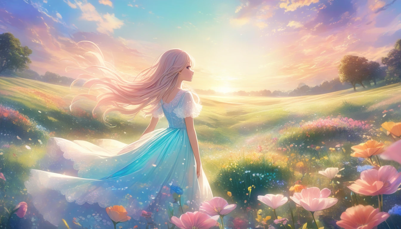 A stunning wide view image of an anime Young woman looking at the vast plain, countless of grass and colorful flowers, dreamlike sky, fluffy clouds, vibrant sunset colors, gentle breeze blowing through her hair, from behind , elegant flowing dress, surrounded by a peaceful and enchanting atmosphere, soft natural light illuminating the scene, creating a magical and surreal ambiance. (best quality, ultra-detailed, photorealistic:1.37), anime style, pastel color palette, ethereal lighting
