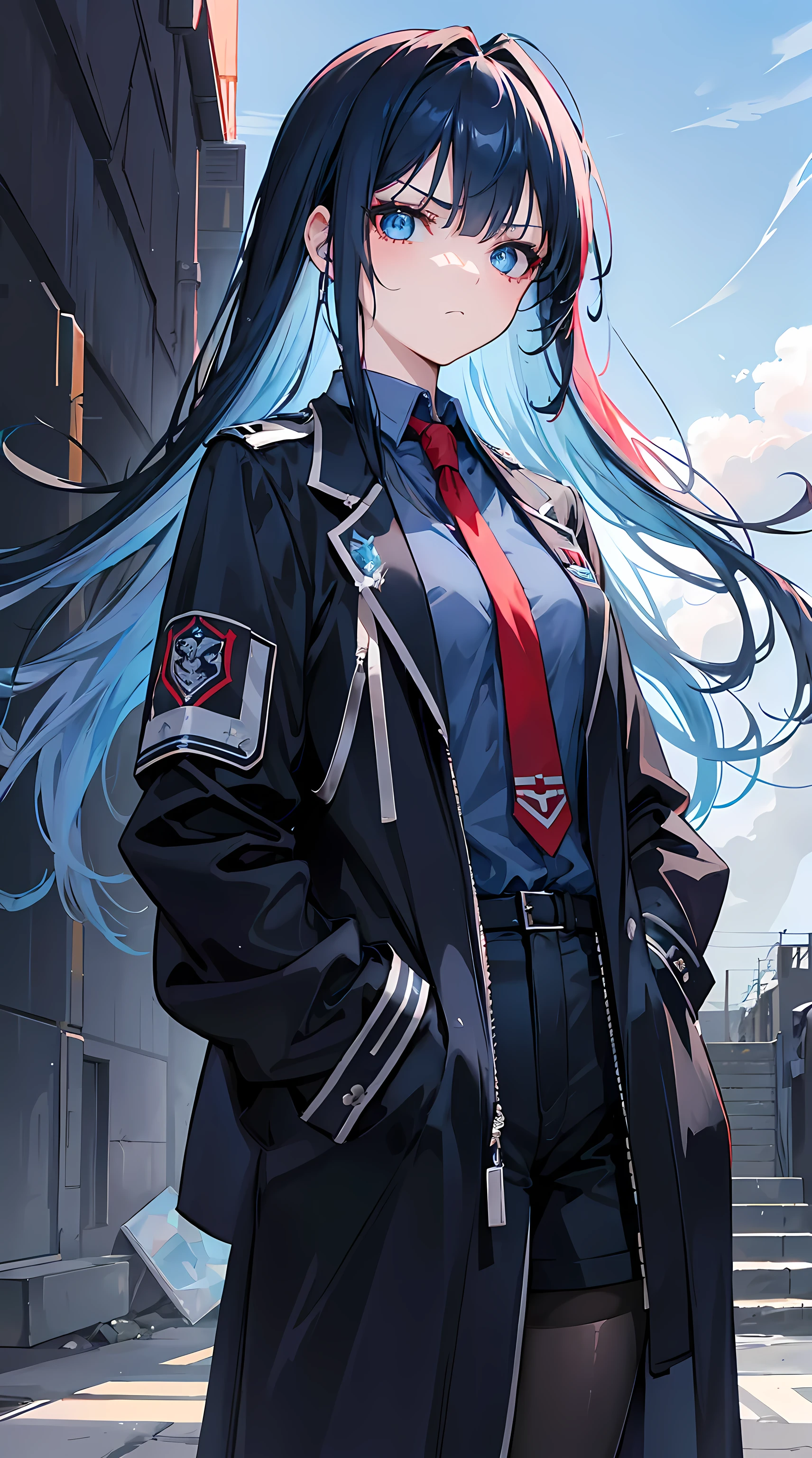 20yo girl, looking ahead with a hard look with her crystal blue eyes, blue hair pin, rebellious look, dark and oppressive environment, hair tousled by the wind, dark blue hair, hair bangs falling over the face, hands in pockets, 8k, HD, uniform clothes, red tie, black cloth 