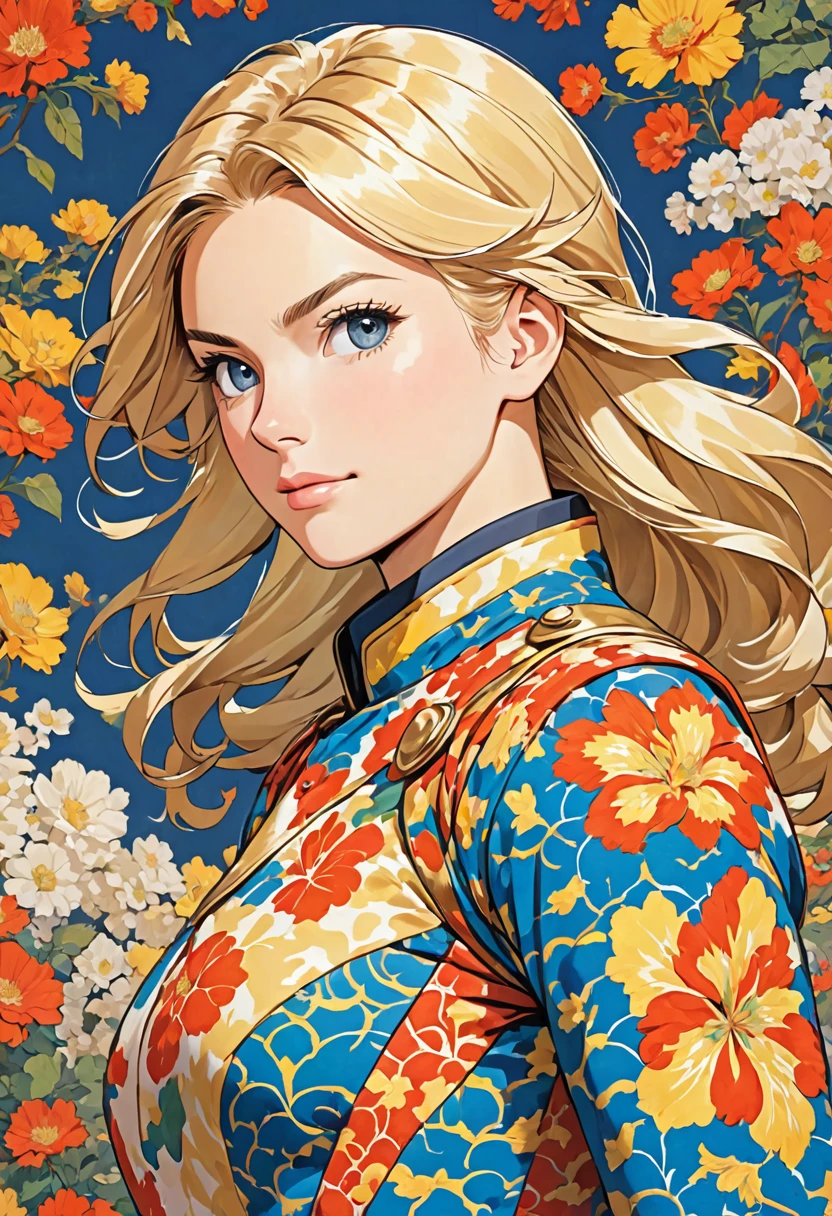 a blond hero in a plain, patterned uniform