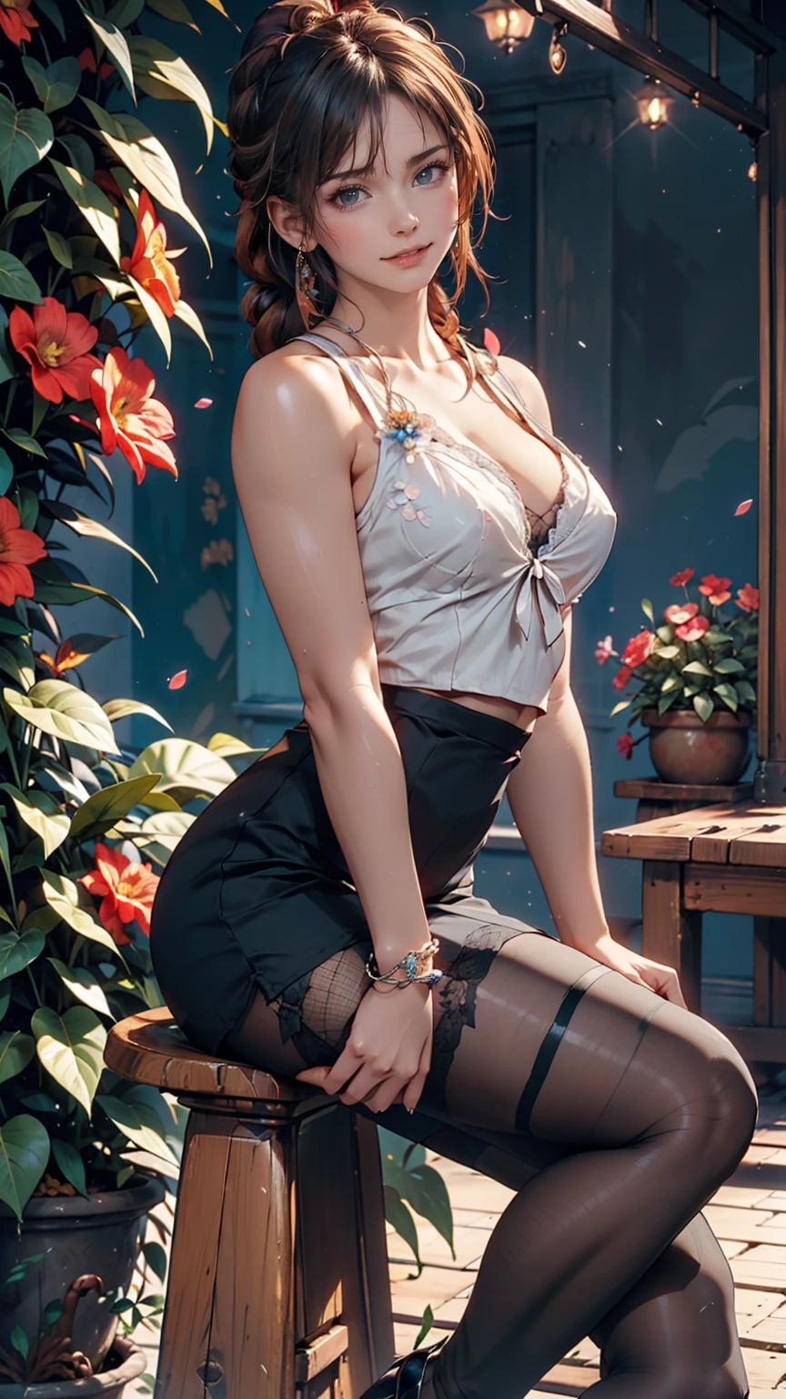 masterpiece, Highest quality, One girl, Sheer bodycon((body conscious)), a flowerpot, A small smile, Multicolored background, flower, Dynamic Color,Sexy proportions、Sexy、Silver Accessories、Stiletto heels、Fishnet tights、Cleavage Emphasis、Braided ponytail((braided ponytail))