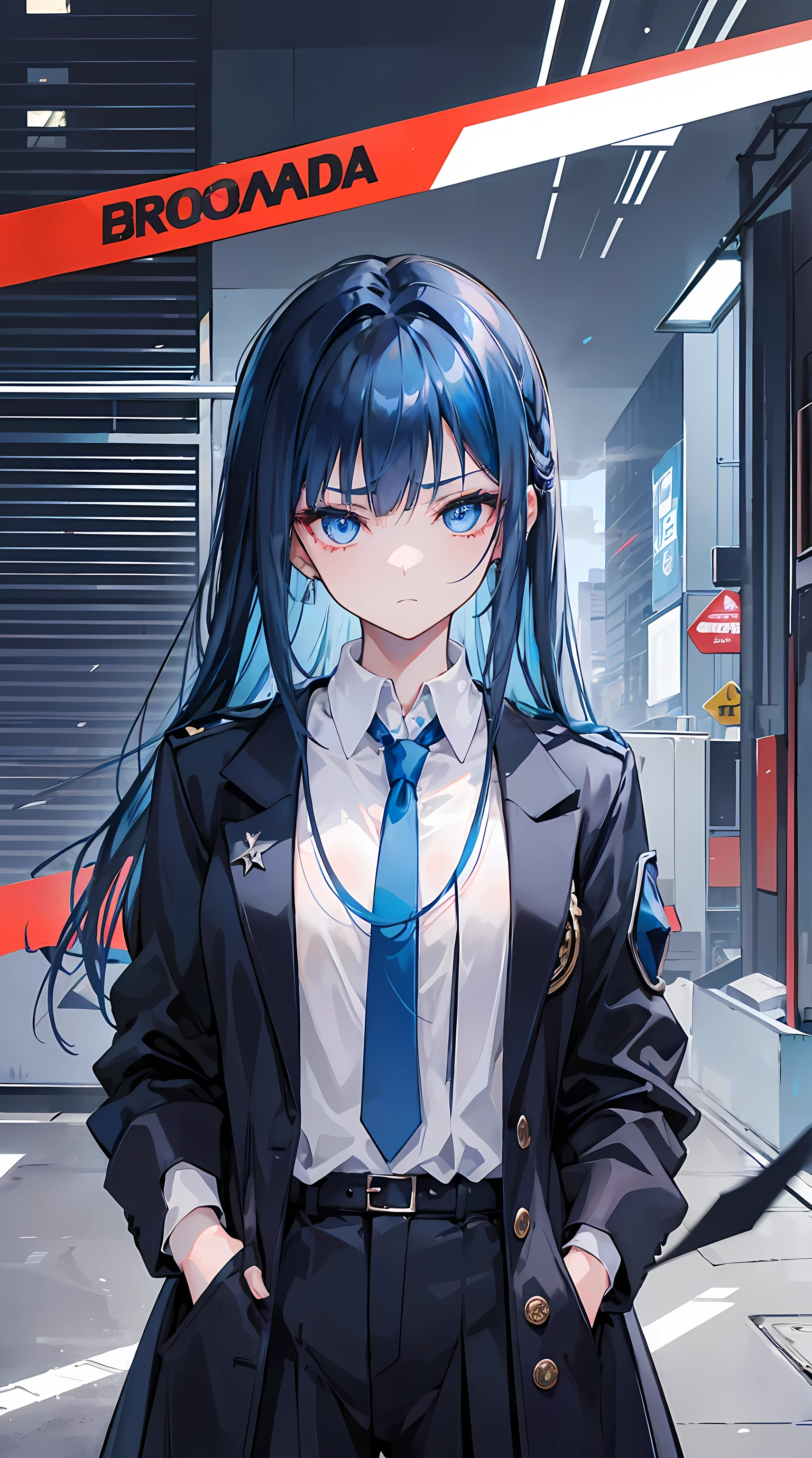 20yo girl, looking ahead with a hard look with her crystal blue eyes, blue hair pin, rebellious look, dark and oppressive environment, hair tousled by the wind, dark blue hair, hair bangs falling over the face, hands in pockets, 8k, HD, uniform clothes, red tie, black cloth
