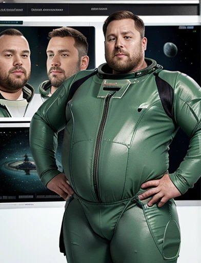 4K, masterpiece, detailded.💚（（tmasterpiece）），（（（best qualtiy））），（CharacterDesignSheet，Same role，frontage，Lateral face，on  back），concept-art，concept art of character，Character sketches，reference sheet，Role table,💚,The captain of the astronauts is a plump, chubby man, extremely thick thighs, a large belly, fat. Passing inside the spaceship laboratory , he checks an analysis under the microscope. His arms are holding digital analysis devices. He wears a spacesuit