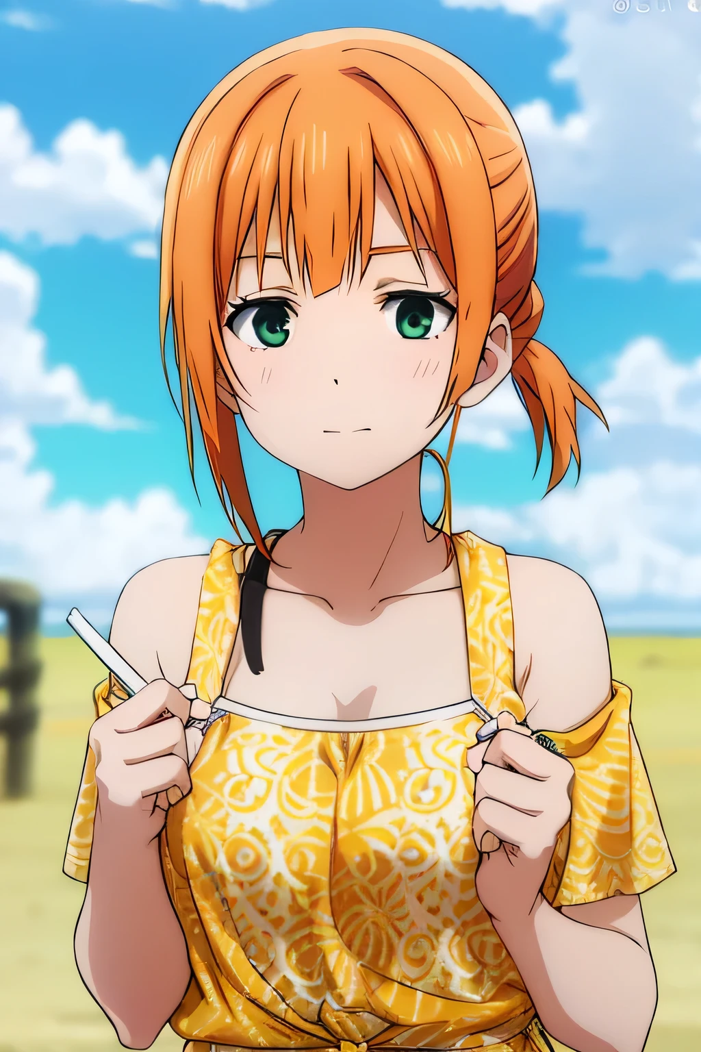 orange hair tied up, white printed swimsuit, green eyes