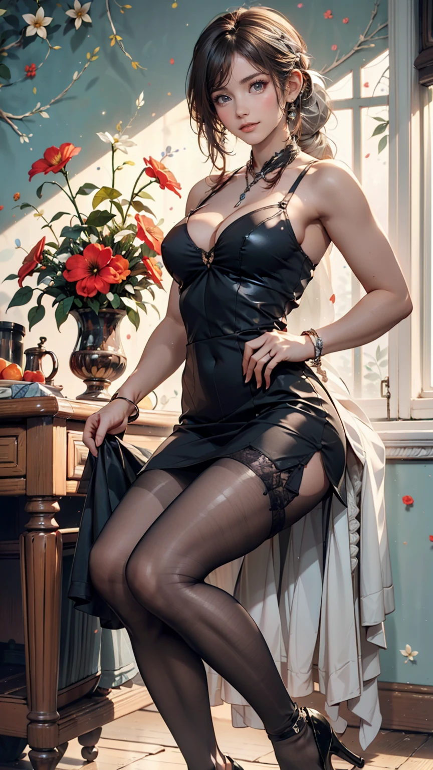 masterpiece, Highest quality, One girl, Sheer bodycon((body conscious)), a flowerpot, A small smile, Multicolored background, flower, Dynamic Color,Sexy proportions、Sexy、Silver Accessories、Stiletto heels、Fishnet tights、Cleavage Emphasis、Braided ponytail((braided ponytail))