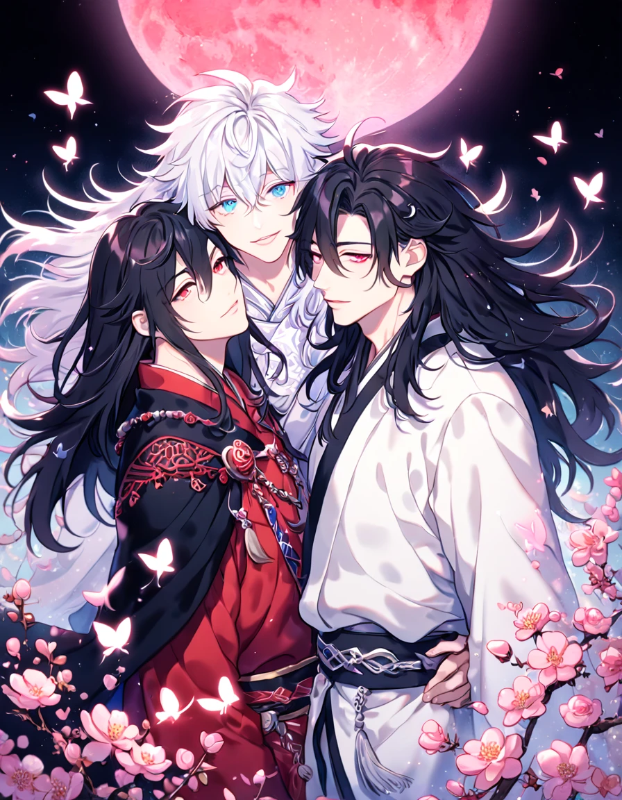 absurdres, highres, ultra detailed, HDR, master piece, best quality, extremely detailed face, delicated features, Xue Yu, untamed spiky hair, black hair, long hair, hair between the eyes, expressive red eyes, Thousand Years War, Gojou Satoru, white hair, messy hair, expressive blue eyes, two sexy men together, gay couple, yaoi, handsome, black cape, red robes, white robes, accessories, patterns, fantasy, magical, radiant, pink butterflies, pink flowers, night sky, shinning pink moon, blossoms, Jujutsu Kaisen