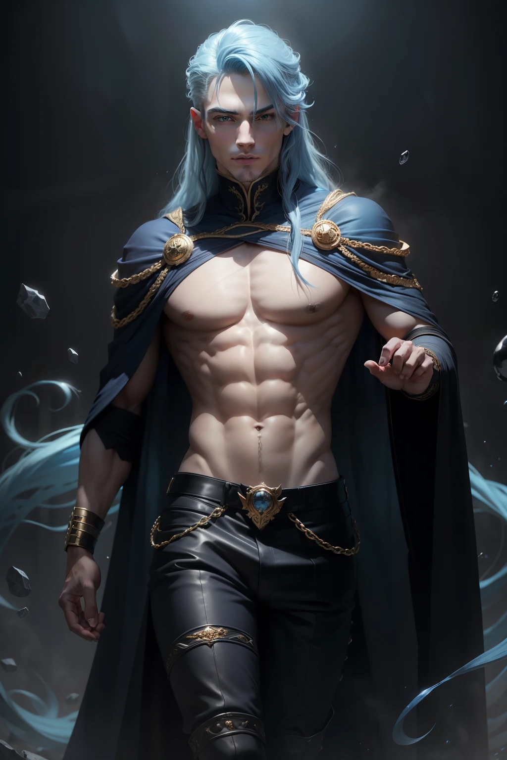 (8k,photoshotrrealista photoshot Maximum quality;1.4) (1 boy) Super handsome king of the underworld (lifelike face) (Baby blue hair with long hair) slenderbody Muscular and macho Black and blue aristocratic costume baby with big blue eyes Golden decoration Fangs peeking out of the mouth Pointed claws a seductive gaze Beautiful expression A hyper-realistic (King of the Underworld) appealing (real looking skin) super high resolution high détail Luxurious black and baby blue pants Blue aura drinks emanating from the body effect black robe