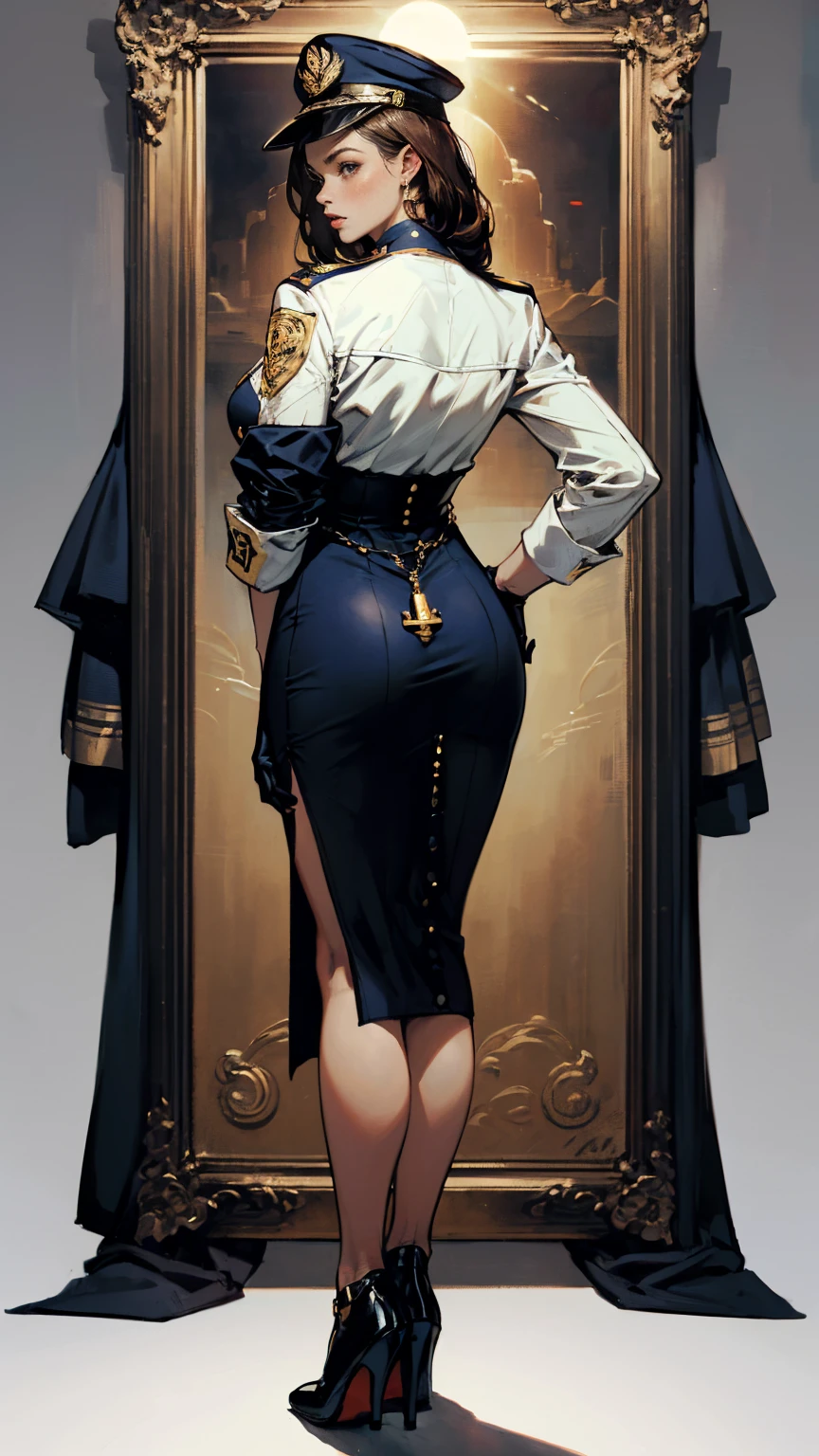 (Best quality, 4K, high resolution, masterpiece:1.2), (ultra-detailed, photo-realistic:1.37), (full-body portrait), 23 years old, American woman, military officer, ambitious, elegance, calm, charming, intimidate, (brunette hair), perfect lash, minimal makeup, sun-kissed skin, expressive brown eyes, gloss lips, seductive allure, perfect hourglass body shape, long toned legs, flat abs, perfectly round E cup breasts, very Tall, slim, with peachy hips, ((Midnight blue double-breasted jacket with gold anchor-embossed buttons and red piping)), (Crisp white blouse with a high stiff collar), ((Midnight blue pencil skirt with a modest back slit)), Black leather belt , (Shiny black heeled oxford shoes), (Midnight blue service cap with a gold naval insignia and white trim), Black leather gloves with embedded data connectivity, Navy silk neck scarf, Background featuring military base.