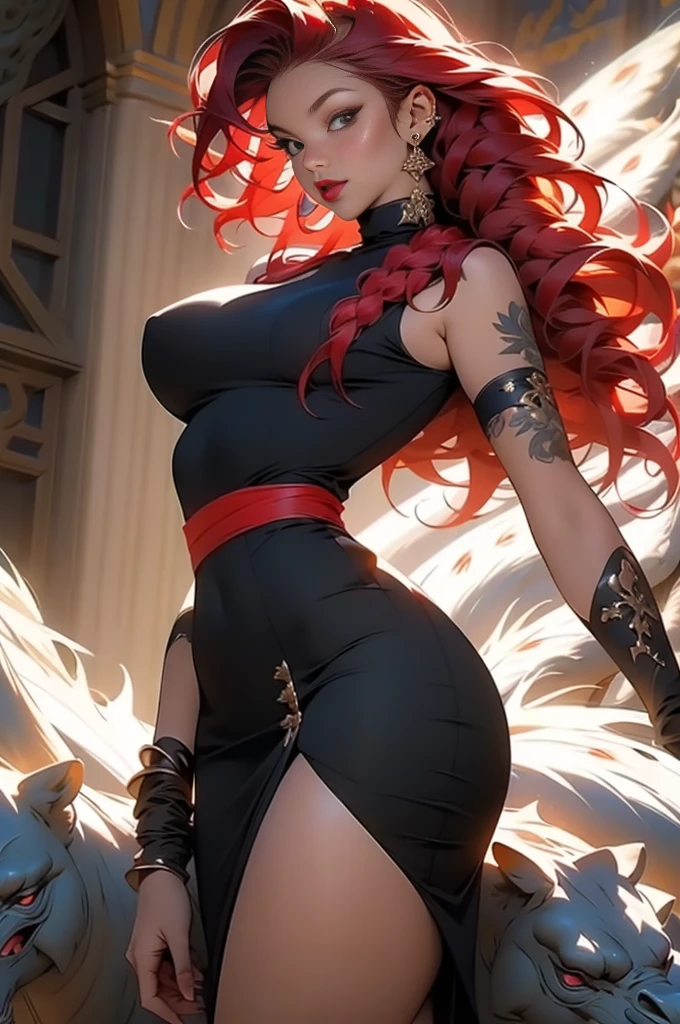 Hyperrealistic portrait of a beautiful 30yo black woman with red braided hair, red lipstick, ((voluptuous)), (extra detail in figure, masterpiece, best-quality, ultra_detailed)), thick thighs, wearing all black sleeveless skirt beautifully wrapped around her body, Canon R5, 200mm lens, sharp focus, and shot in RAW format, the photograph showcases an intricate photorealistic, and highly detailed face in 8k hd quality, (ample hips, insanely detailed accentuated big booty), ((8k, RAW photo, highest quality, masterpiece)), high detail RAW color photo professional portrait, (realistic, photorealism:1.5),