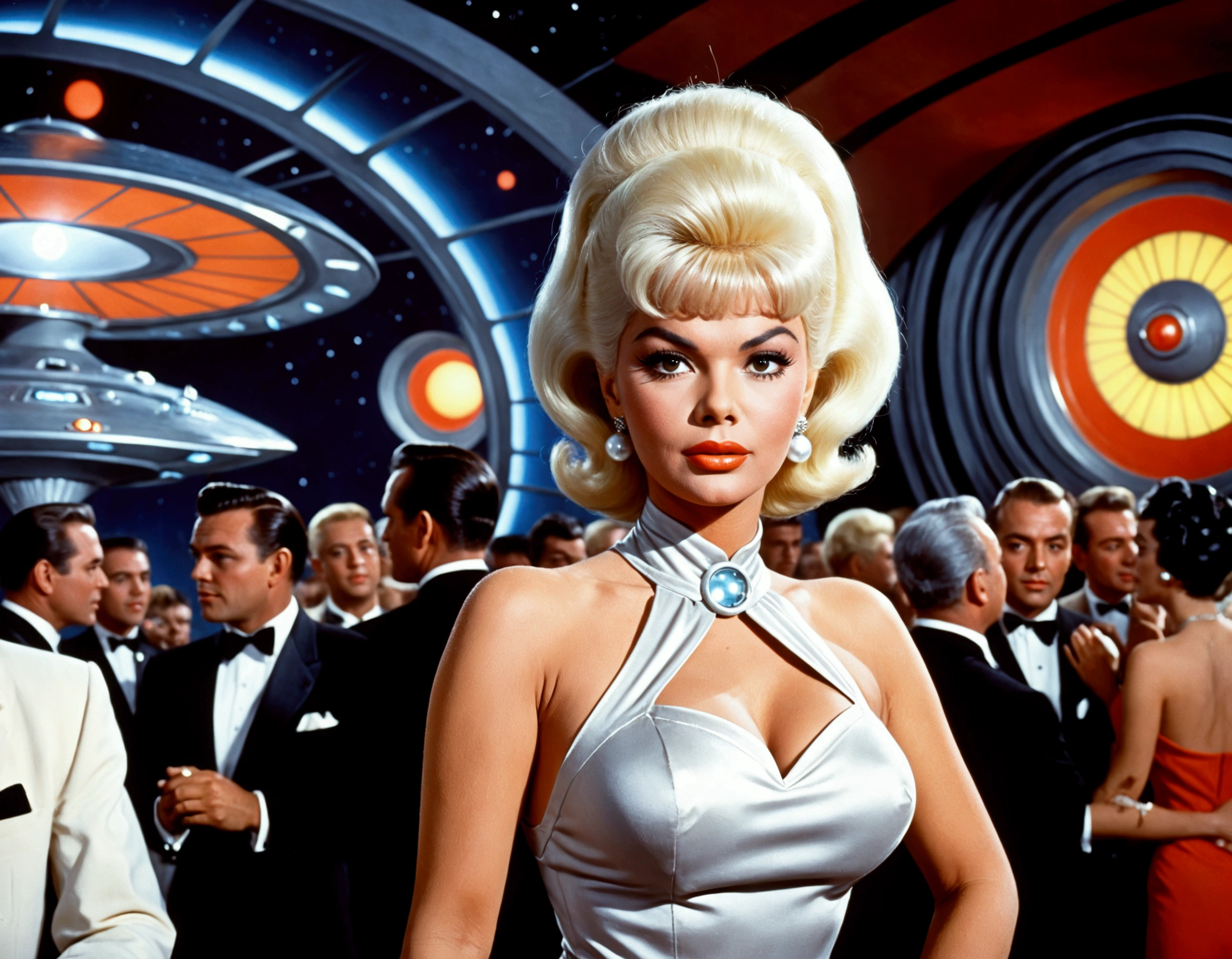 (Jayne Mansfield, age 25, sexy sci fi outfit (Jetson's cartoon style), crazy hairdo platinum blonde), dancing The Monkey in a sci fi club, packed dance floor