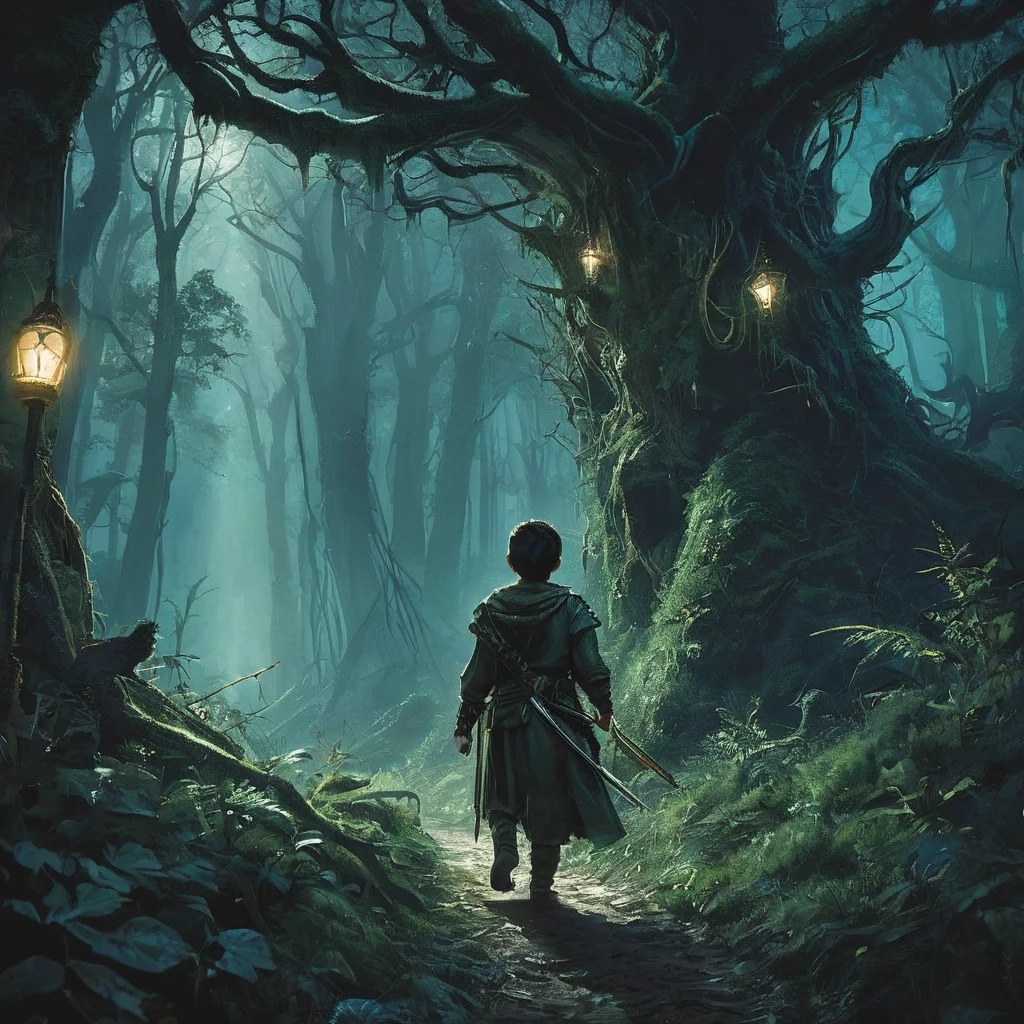 In a dark medieval forest, a young boy named Elias walks cautiously along a narrow, overgrown path, gripping a sword tightly in his small hands. The ancient trees loom overhead, their gnarled branches creating a nearly impenetrable canopy that lets through only the faintest glimmers of moonlight. Shadows shift and stretch across the forest floor, and the air is thick with the musty scent of damp leaves and decay. Every step Elias takes is accompanied by the distant sound of dripping water and the occasional rustle of unseen creatures. His heart races with a mix of fear and determination as he ventures deeper into the darkness, ready to confront whatever secrets or dangers lie hidden within the forest’s ancient depths.