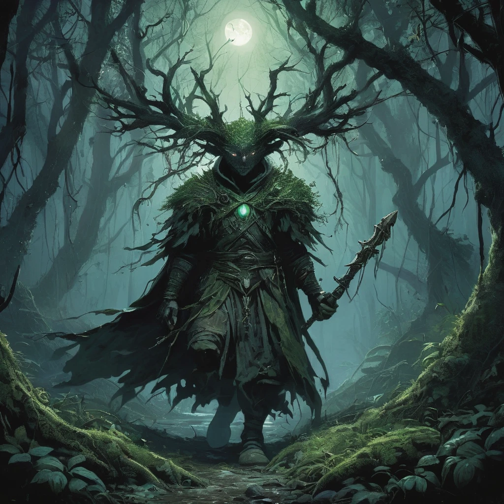 In a dark medieval forest, a young boy named Elias walks cautiously along a narrow, overgrown path, gripping a sword tightly in his small hands. The ancient trees loom overhead, their gnarled branches creating a nearly impenetrable canopy that lets through only the faintest glimmers of moonlight. Shadows shift and stretch across the forest floor, and the air is thick with the musty scent of damp leaves and decay. Every step Elias takes is accompanied by the distant sound of dripping water and the occasional rustle of unseen creatures. His heart races with a mix of fear and determination as he ventures deeper into the darkness, ready to confront whatever secrets or dangers lie hidden within the forest’s ancient depths.