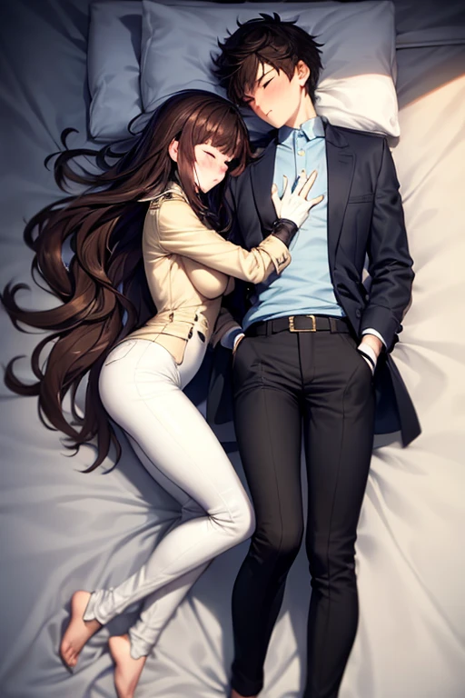 ((best quality)), ((masterpiece)), (detailed), a couple, a boy and a girl, 1 boy, full body, 19 years old, brown hair with white tips, somewhat long hair, bangs, green eyes, sleeping, tall and thin, thin, long beige trench coat, open trench coat, black fingerless gloves, white wristbands, white t-shirt with blue I-shaped emblem, letter I, black pants, 1 girl, full body, 19 years old, young adult, somewhat short, purple eyes, brown hair, somewhat wavy hair, long hair, lock of hair on forehead, asleep, blushing, scientist's coat, blue shirt, black pants, lying in bed, facing each other, kissing, closed eyes, blushing, romantic moment, bedroom background, anime