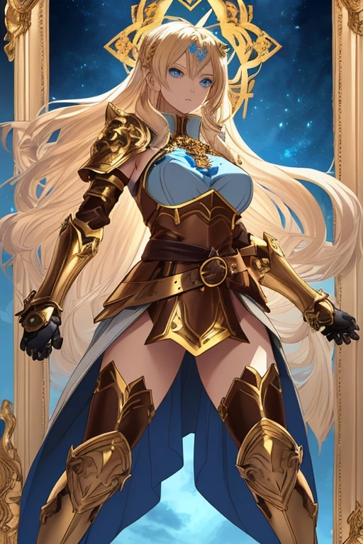 A full-body portrait of a young woman in anime style, with long, light blonde hair, framed by a white mantle adorned with golden details. She has intense blue eyes and wears a form-fitting blue armor with intricate engravings of leaves and flowers, and golden metal pieces covering her shoulders and arms. A dark brown leather belt with metallic buckles secures her armor at the waist. She wears brown leather boots, standing in a dynamic action pose. A cross-shaped pendant adorns her chest. The background features a blue sky with fluffy clouds, highlighting her majestic and noble appearance, visible from head to toe.