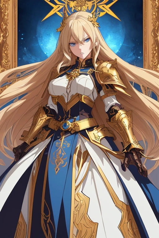 A full-body portrait of a young woman in anime style, with long, light blonde hair, framed by a white mantle adorned with golden details. She has intense blue eyes and wears a form-fitting blue armor with intricate engravings of leaves and flowers, and golden metal pieces covering her shoulders and arms. A dark brown leather belt with metallic buckles secures her armor at the waist. She wears brown leather boots, standing in a dynamic action pose. A cross-shaped pendant adorns her chest. The background features a blue sky with fluffy clouds, highlighting her majestic and noble appearance, visible from head to toe.