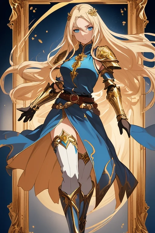 A full-body portrait of a young woman in anime style, with long, light blonde hair, framed by a white mantle adorned with golden details. She has intense blue eyes and wears a form-fitting blue armor with intricate engravings of leaves and flowers, and golden metal pieces covering her shoulders and arms. A dark brown leather belt with metallic buckles secures her armor at the waist. She wears brown leather boots, standing in a dynamic action pose. A cross-shaped pendant adorns her chest. The background features a blue sky with fluffy clouds, highlighting her majestic and noble appearance, visible from head to toe.
