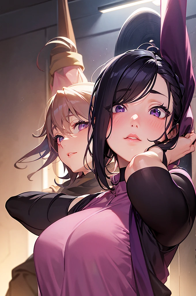 masterpiece, absurd, Hinata\(Boruto\), 1 woman, alone,mature woman, Purple hoodie,layered sleeves, brown pants, looking at viewer, perfect composition, detailed lips, big bust, beautiful face, body ratio, blush, (pink lips), short hair, purple eyes, Gentle gaze, sad smile, surreal, detailed, Photo shoot, Realistic face and body, realistic hair, realistic eyes, Realistic nose, realistic lips, stretching, Raise both arms above your head, Raise both hands above your head, exposing one's stomach