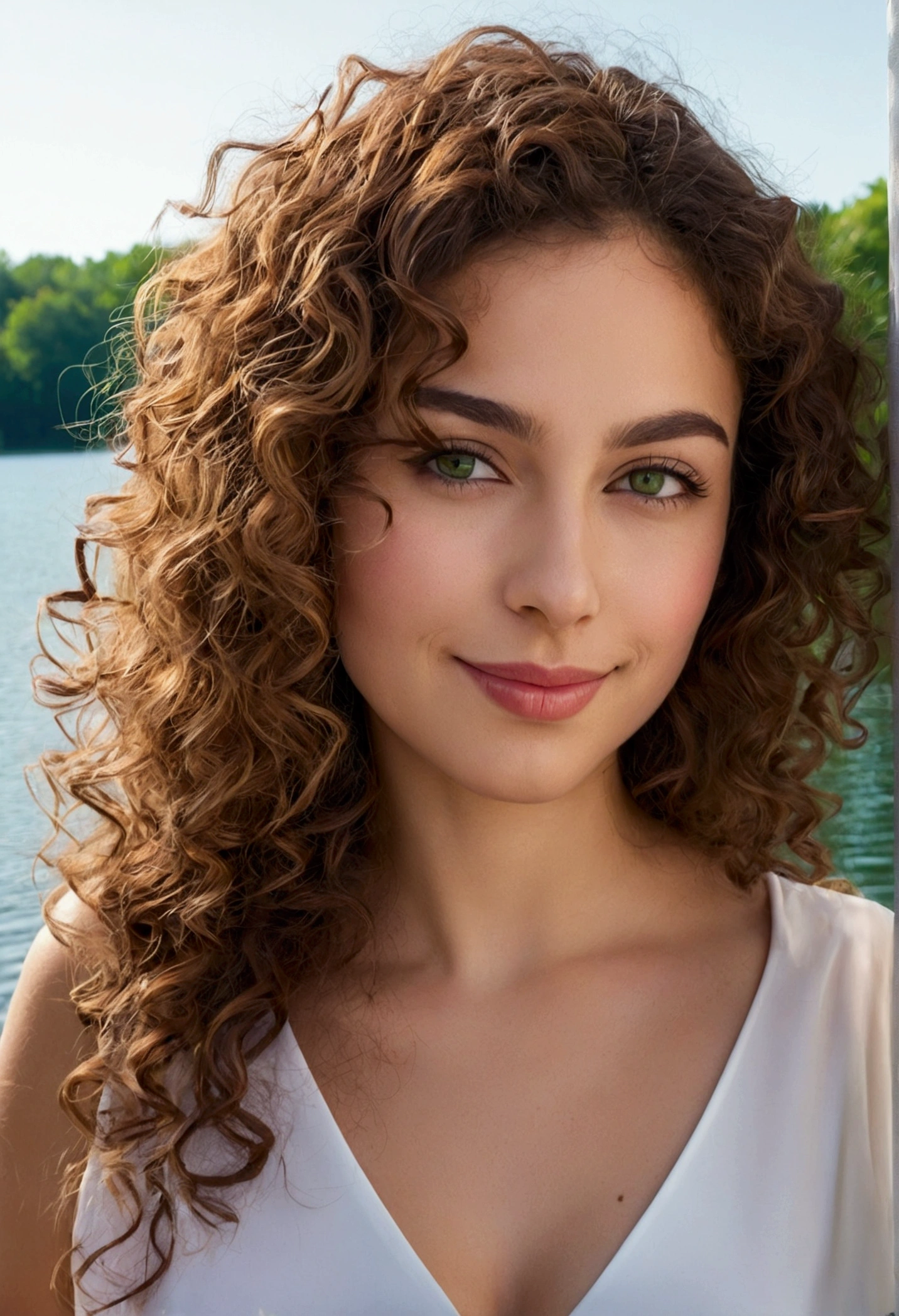 1womanl, white, Latin trait, sharp nose, thick lips, brown curly hair, greeneyes, smirk on face, Answering Cell Phone (high resolution, high qualiy, best contrast), (background of a park, with a lake in the background)