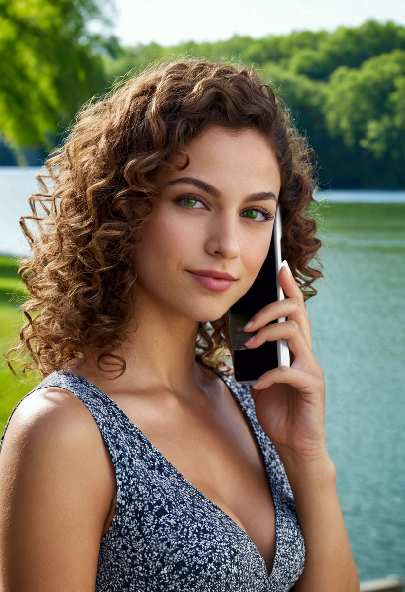 1womanl, white, Latin trait, sharp nose, thick lips, brown curly hair, greeneyes, smirk on face, Answering Cell Phone (high resolution, high qualiy, best contrast), (background of a park, with a lake in the background)