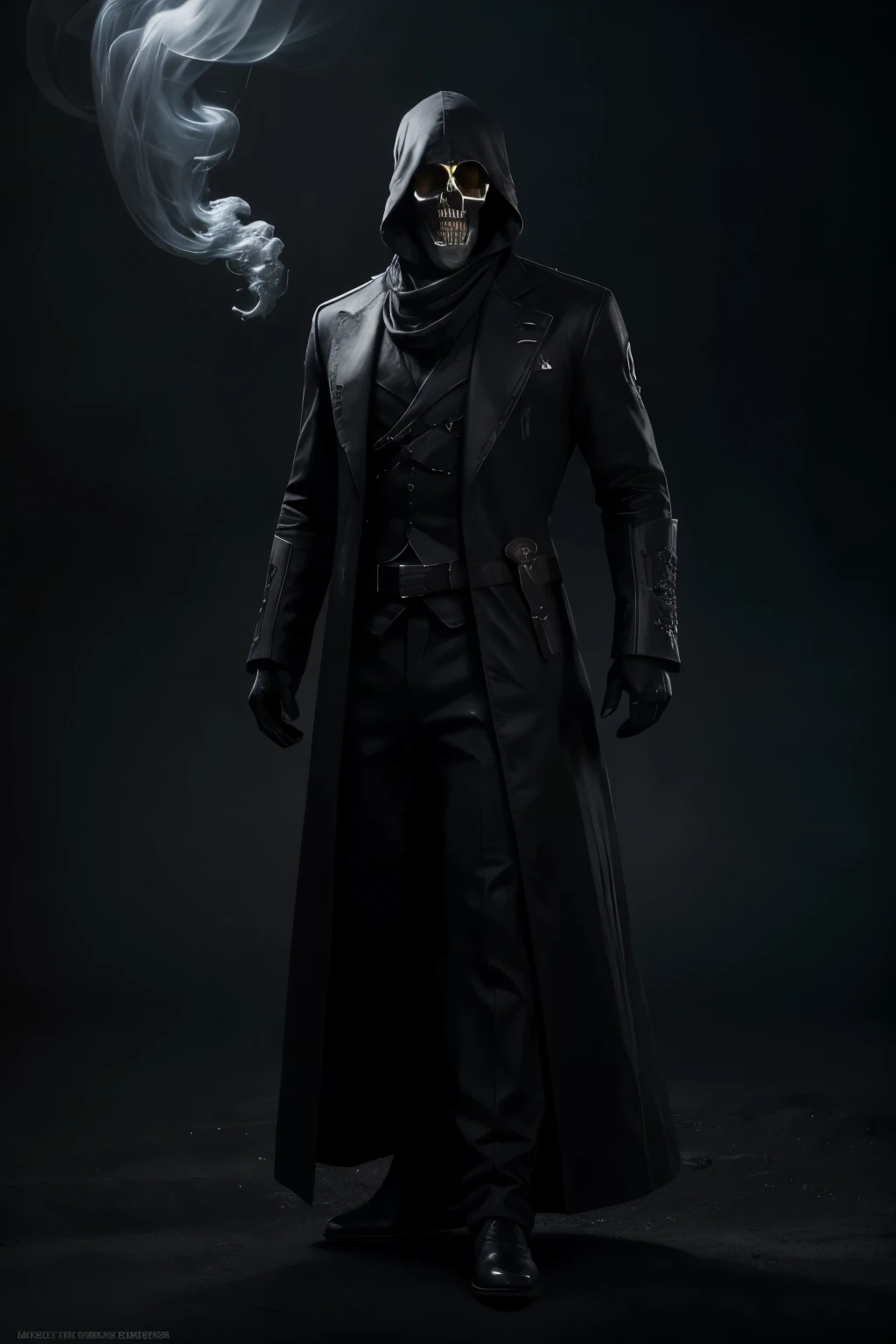 medium shot full body! ! highly detailed stunning image of ghost sorcerer, with skull face, 8k, hyper realistic, realistic, soft illumination, surrounded in dask wispy smoke! ! trending on artstation