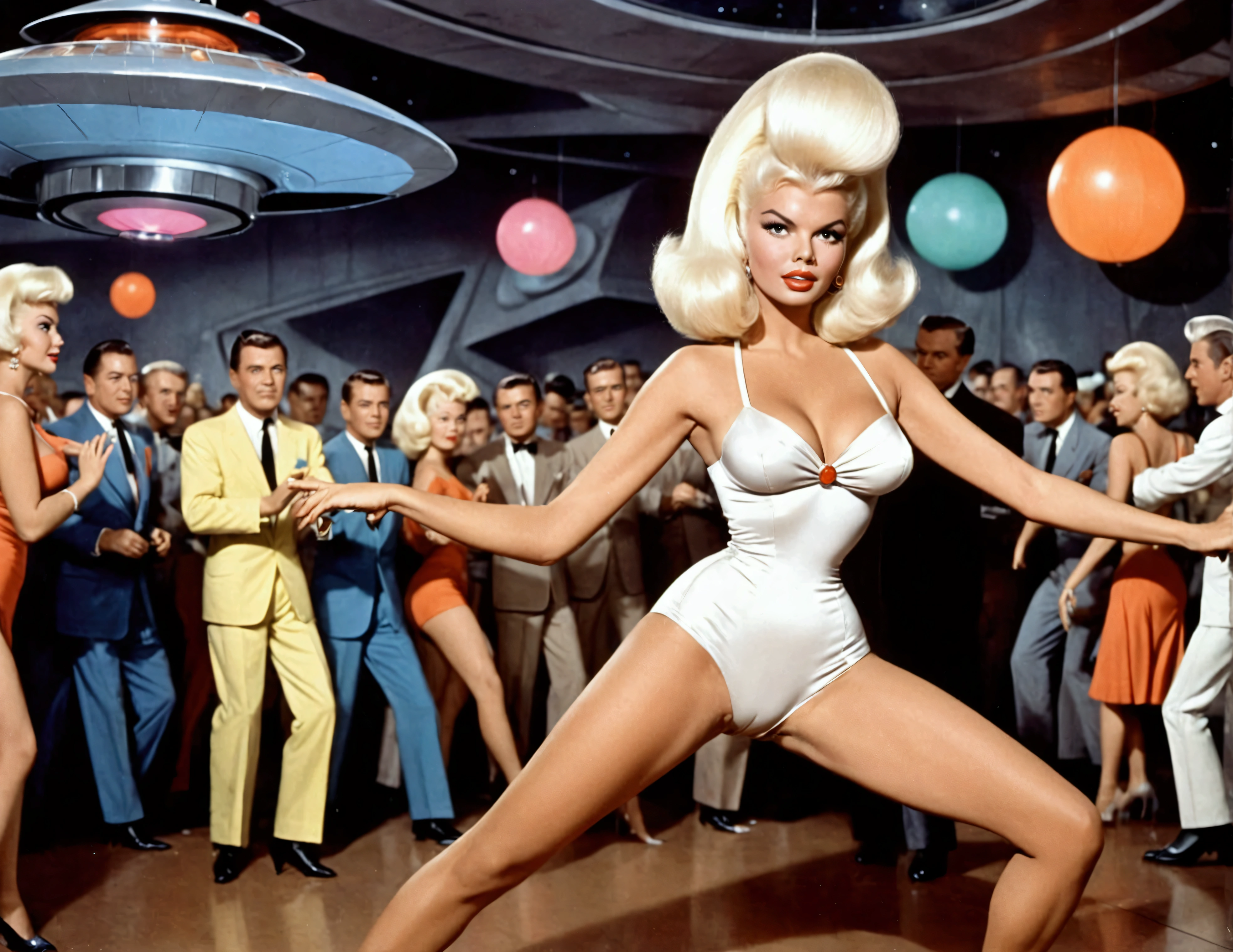 (Jayne Mansfield, age 25, sexy sci fi outfit (Jetson's cartoon style), crazy hairdo platinum blonde), dancing The Monkey in a sci fi club, packed dance floor
