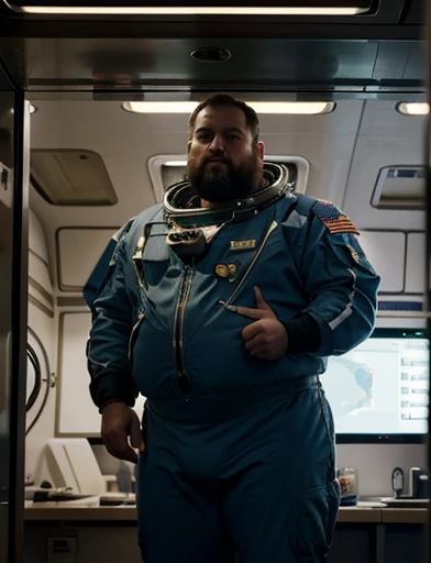 Ele está sentado na cadeira de piloto de nave espacial. (((Ele tem o braço direito de robô, Ele está sentando na cadeira pilotando a espaçonave))), 4K, masterpiece, detailded.💚((tmasterpiece)),(((best qualtiy))),(CharacterDesignSheet,Same role,frontage,Lateral face,on back),concept-art,concept art of character,Character sketches,reference sheet,Role table,💚,The captain of the astronauts is a plump, chubby man, extremely thick thighs, a large belly, fat. Passing inside the spaceship laboratory , he checks an analysis under the microscope. His arms are holding digital analysis devices. He wears a spacesuit