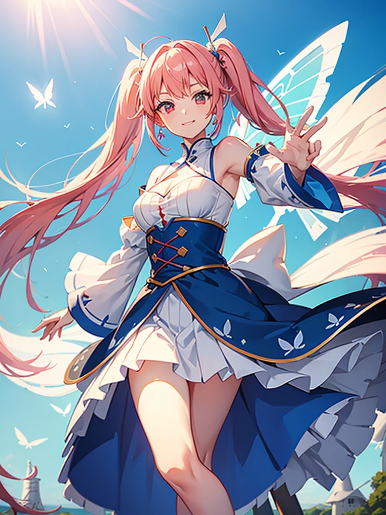 blue sky，((giant windmill))，a girl，Elf，Pink hair，long twintails，Red eyes，Sweet smile，white fashion clothing，Bare shoulders，((Wind flow))，((elegant clothes))，((transparent))，Butterfly wings，side，(dynamic poses)，twinkling，Super detailed，Rendering，movie lighting effects，best picture