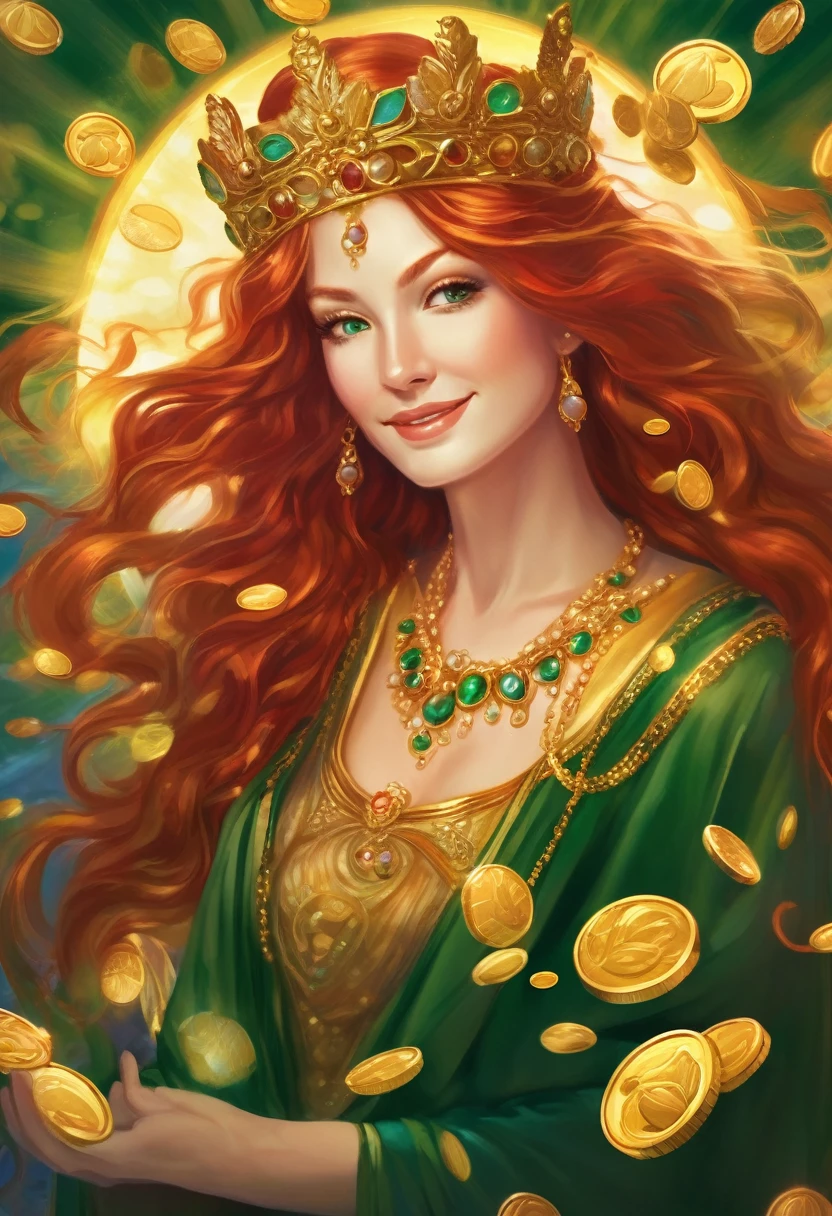 Like a Renoir painting. A goddess with long red wavy hair hands out gold coins to people and the people are happy. She smiles with wisdom and compassion in her eyes. She smiles sweetly, wears a jeweled crown, and wears deep green robes. Her aura shines golden and has an overwhelming presence. A symbol of beauty. Abundance surrounded by gold coins. The background is white and gold with soft and gentle light. rainbow light