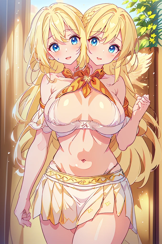 (masterpiece, best quality),best quality, best resolution, (ultra-detailed), (3heads:1.5), 1girl, (lily white:1.3), masterpiece, best quality, ultra quality, ultra resolution, ultra detail, white top, crop top, ((stomach)), midriff, ((groin)), white skirt, normal ears, shackles, yellow hair, very long hair, wavy hair, sidelocks, blue eyes, very detailed eyes, very beautiful eyes, parted lips, sweat, cute, open belly, toned belly, hand on own chest, eyelashes, (23 year old woman:1.3), (masterpiece:1.5), (best quality:1.5), (beautiful detailed), extremely detailed CG, extremely delicate and beautiful, depth of field, (finely detailed face), (perfect details:1.2), (mature female:1.3), wide pelvis, slender, large veiny breast, 16k resolution, highres, high quality, high definition, extremely detailed, smiling, masterpiece, yellow hair, long hair, alluring presence, braid, short skirt, close up, very big tits, huge breasts, young, exposed midriff,
