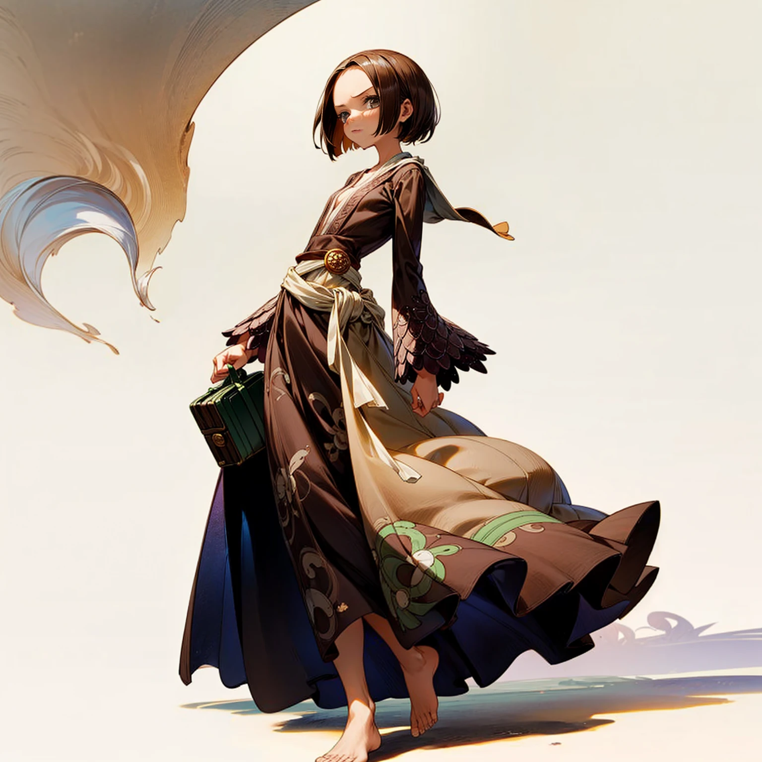 Solo character, full body version, ??? girl, short hairstyle, brown color hair, hazel eyes, one eye covered by hair, long dress medieval outfit, no shoes, no shock, no sandals, (one piece style art), shadow, standing gesture, apple bag in hand, white simple background,