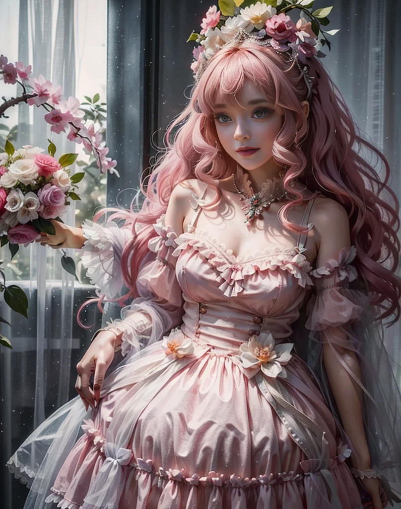 cute 、(Extremely delicate and beautiful:1.5),1girll, Sit in the strawberry dessert sundae,full bodyesbian,Sweet face,Light smile,By bangs, Gemstone eyes, Contre-Jour,Long curly hair, ta dress, A pink-haired, seen from the side, Lanterns, light particules, longer sleeves, looking at viewert,pink bows,solo