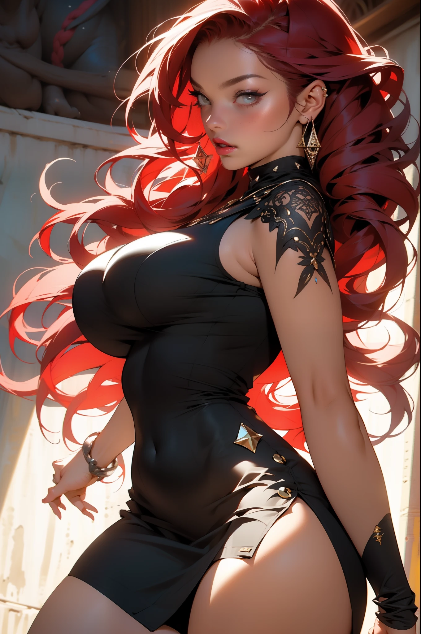 Hyperrealistic portrait of a beautiful 30yo black woman with red braided hair, red lipstick, ((voluptuous)), (extra detail in figure, masterpiece, best-quality, ultra_detailed)), thick thighs, wearing all black sleeveless skirt beautifully wrapped around her body, Canon R5, 200mm lens, sharp focus, and shot in RAW format, the photograph showcases an intricate photorealistic, and highly detailed face in 8k hd quality, (ample hips, insanely detailed accentuated big booty), ((8k, RAW photo, highest quality, masterpiece)), high detail RAW color photo professional portrait, (realistic, photorealism:1.5),