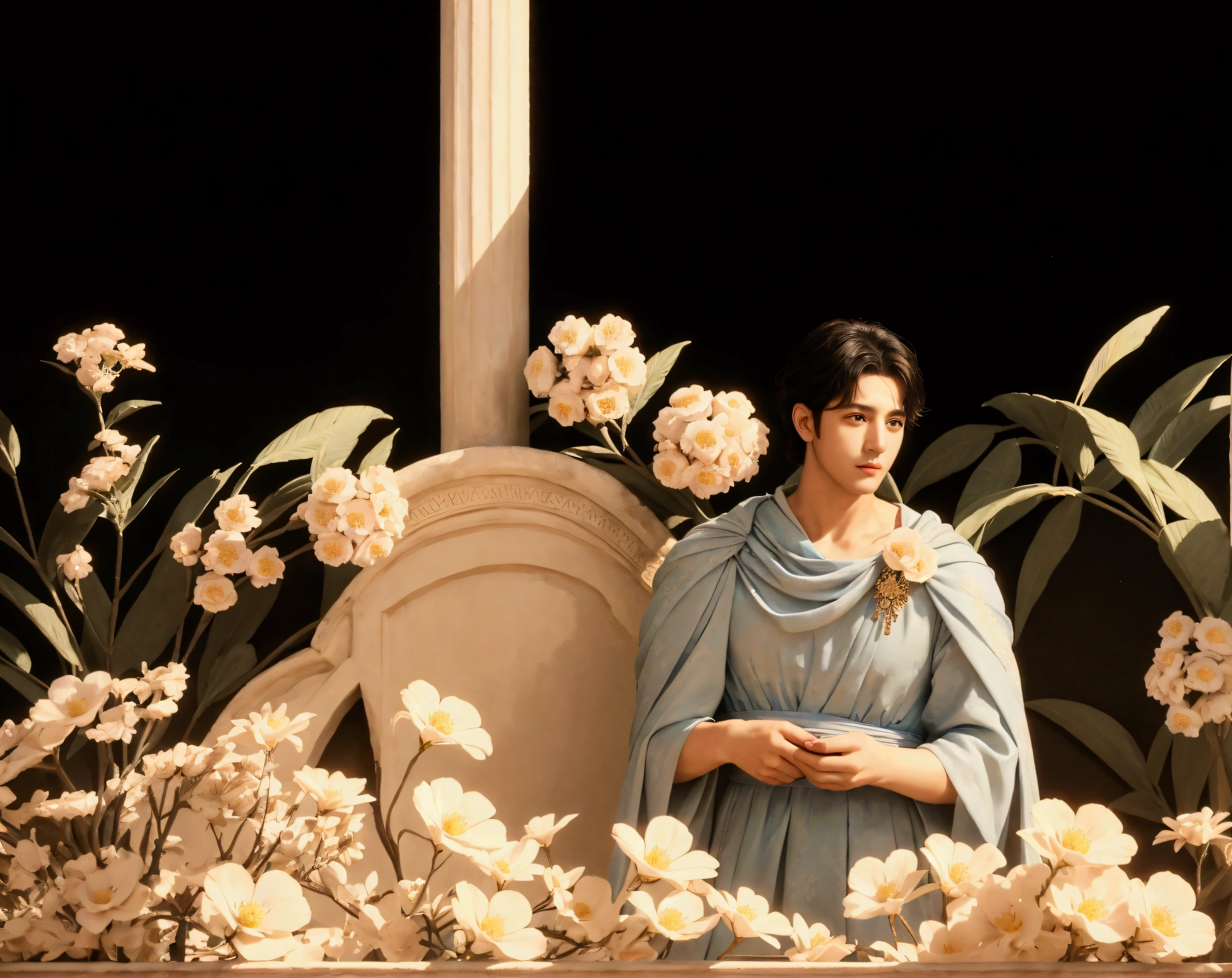 A handsome man surrounded by flowers，big eyes，Deep eyes，Delicate face，Wearing blue clothes，Surrounded by flowers，Palace architecture，Ancient Greek style，Oil painting texture，Court dress，high quality，detail，8k