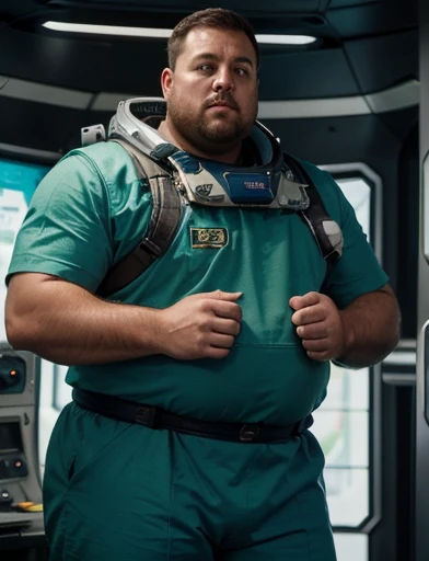 Ele tem o braço direito de robô, Ele está sentando na cadeira pilotando a espaçonave, 4K, masterpiece, detailded.💚（（tmasterpiece）），（（（best qualtiy））），（CharacterDesignSheet，Same role，frontage，Lateral face，on  back），concept-art，concept art of character，Character sketches，reference sheet，Role table,💚,The captain of the astronauts is a plump, chubby man, extremely thick thighs, a large belly, fat. Passing inside the spaceship laboratory , he checks an analysis under the microscope. His arms are holding digital analysis devices. He wears a spacesuit
