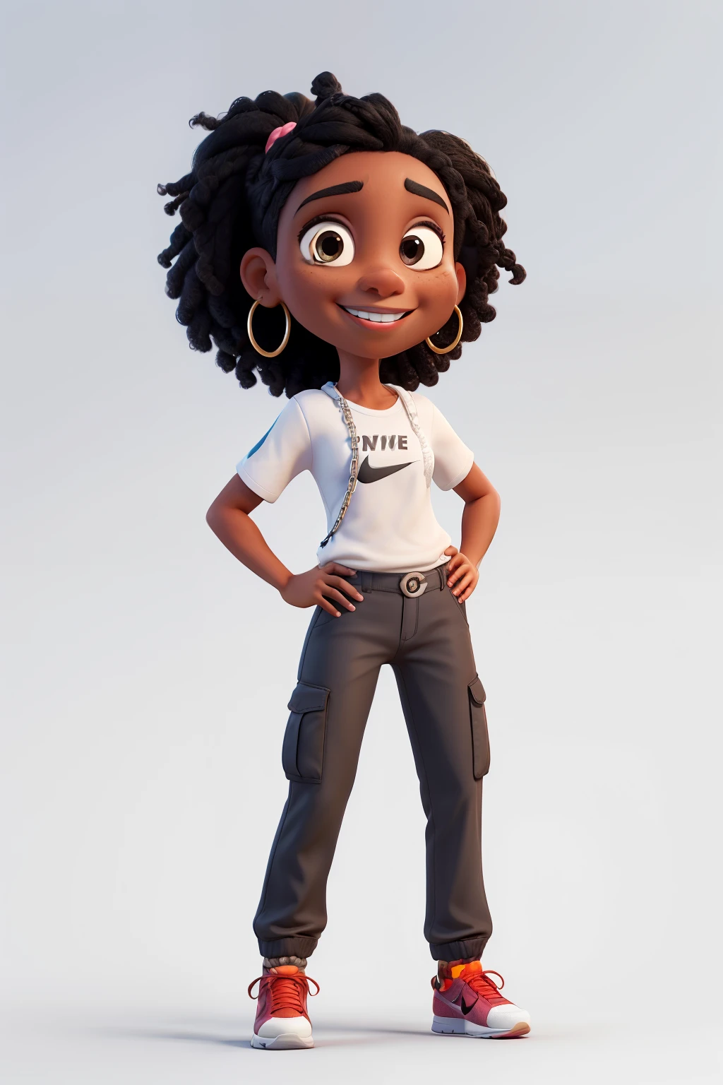 create a lively, vibrant character in iconic pixar style, black hair, braid, dark skin, brown cargo pants, white Nike sneakers and a black blouse. with hoop earrings, a chain and a beautiful smile! White background