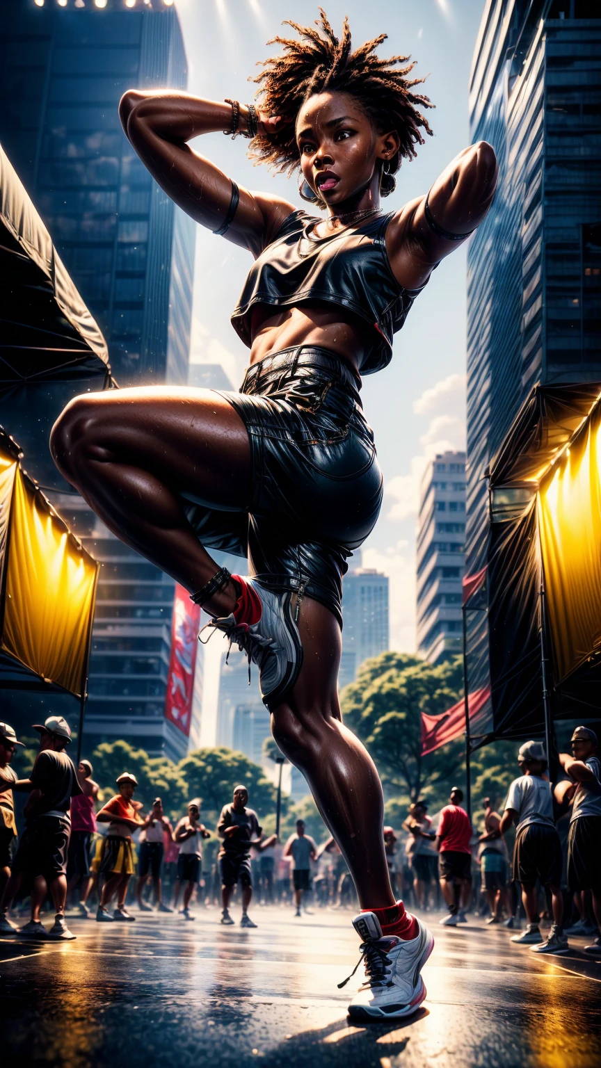 a middle-aged hip-hop dancer, dancing in a park, audience watching,senior man, urban dance moves, energetic dance performance, dynamic poses, sweat beads, athletic build, urban setting, park with trees, crowd of people watching, lively atmosphere, vibrant colors, dramatic lighting, cinematic composition, high contrast, gritty realism, dynamic motion blur, (best quality,4k,8k,highres,masterpiece:1.2),ultra-detailed,(realistic,photorealistic,photo-realistic:1.37)