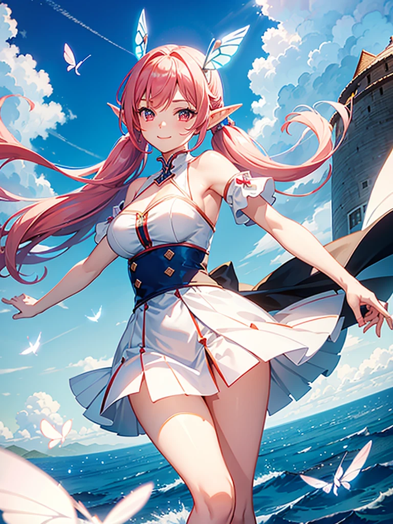 blue sky,((giant windmill)),a girl,Elf,Pink hair,long twintails,Red eyes,Sweet smile,white fashion clothing,Bare shoulders,((Wind flow)),((elegant clothes)),((transparent)),Butterfly wings,side,(dynamic poses),twinkling,Super detailed,Rendering,movie lighting effects,best picture